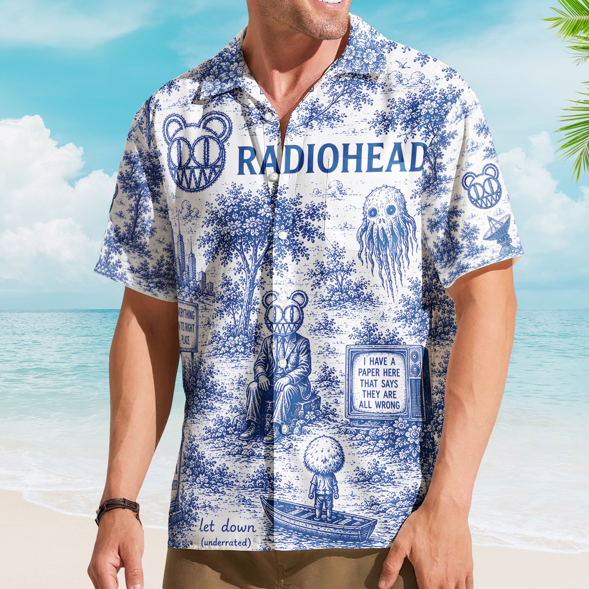 Radiohead Hawaiian Shirt - Unisex Modified Bear Blue White Porcelain Button Up