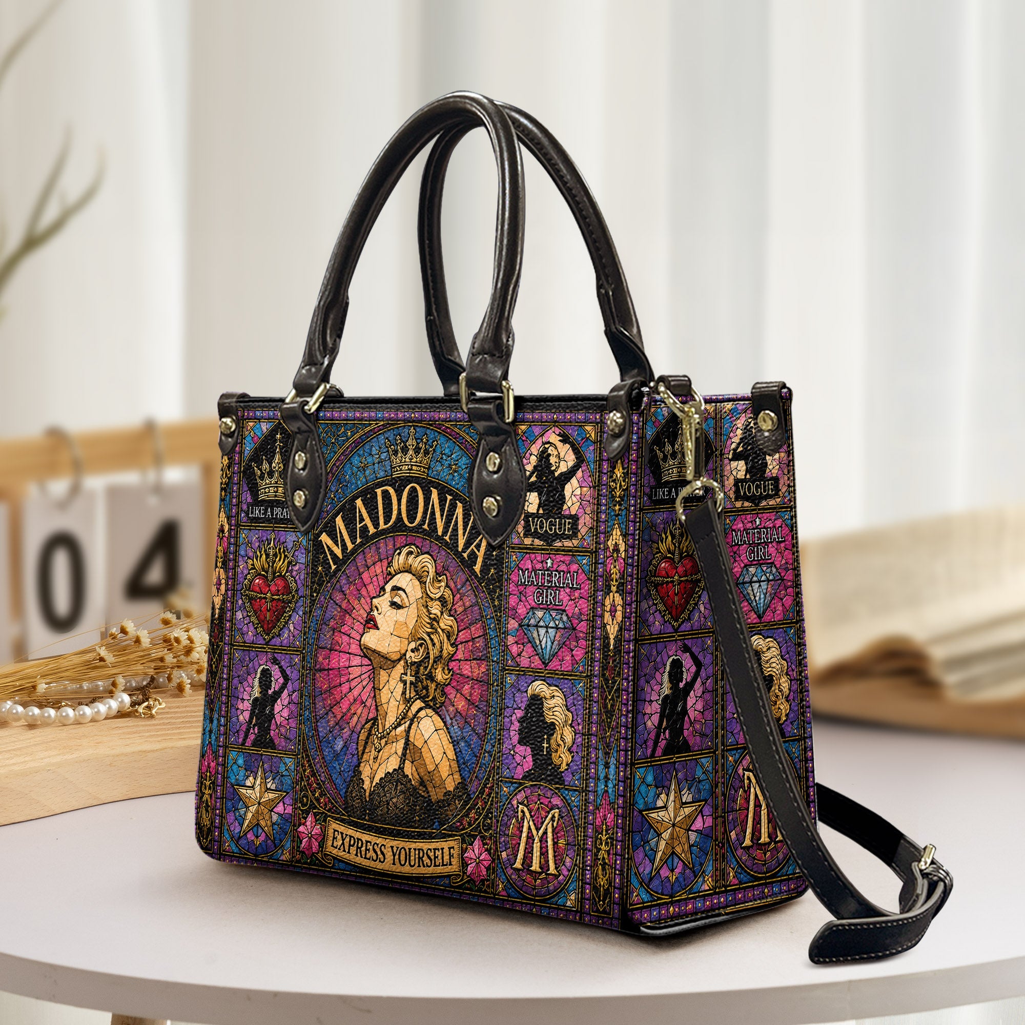 Madonna Leather Handbag, Tote Bag and Wallet Set, Colorful Stained Glass Queen of Pop Design, Vintage Pop Music Fan Gift