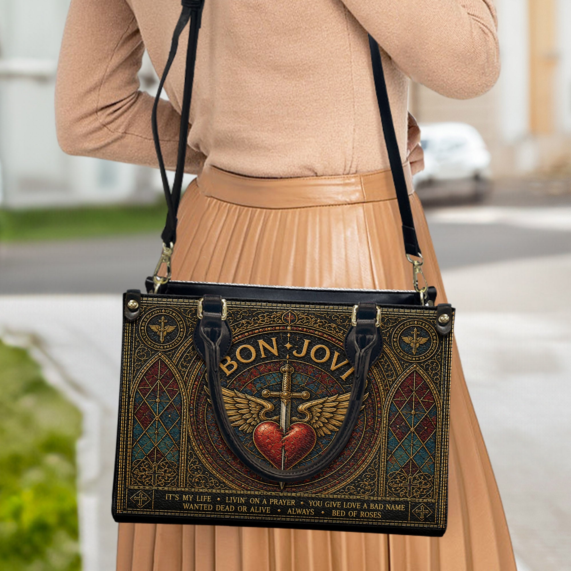 Bon Jovi Handbag, Tote Bag and Wallet Set, Stained Glass Heart and Dagger Design, Classic Rock Music Fan Gift