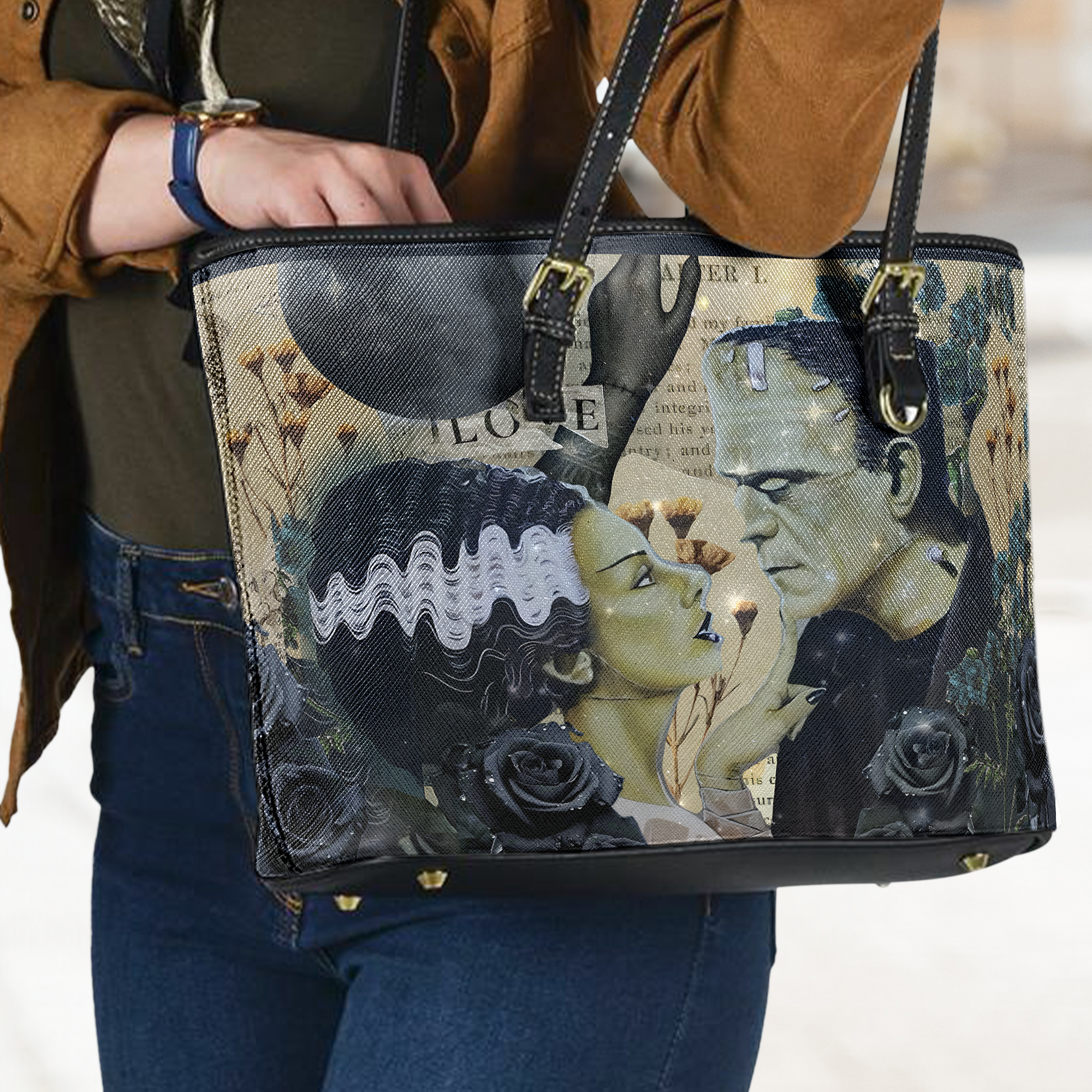 Frankenstein & Bride Leather Tote Bag Gothic Romance Horror Design