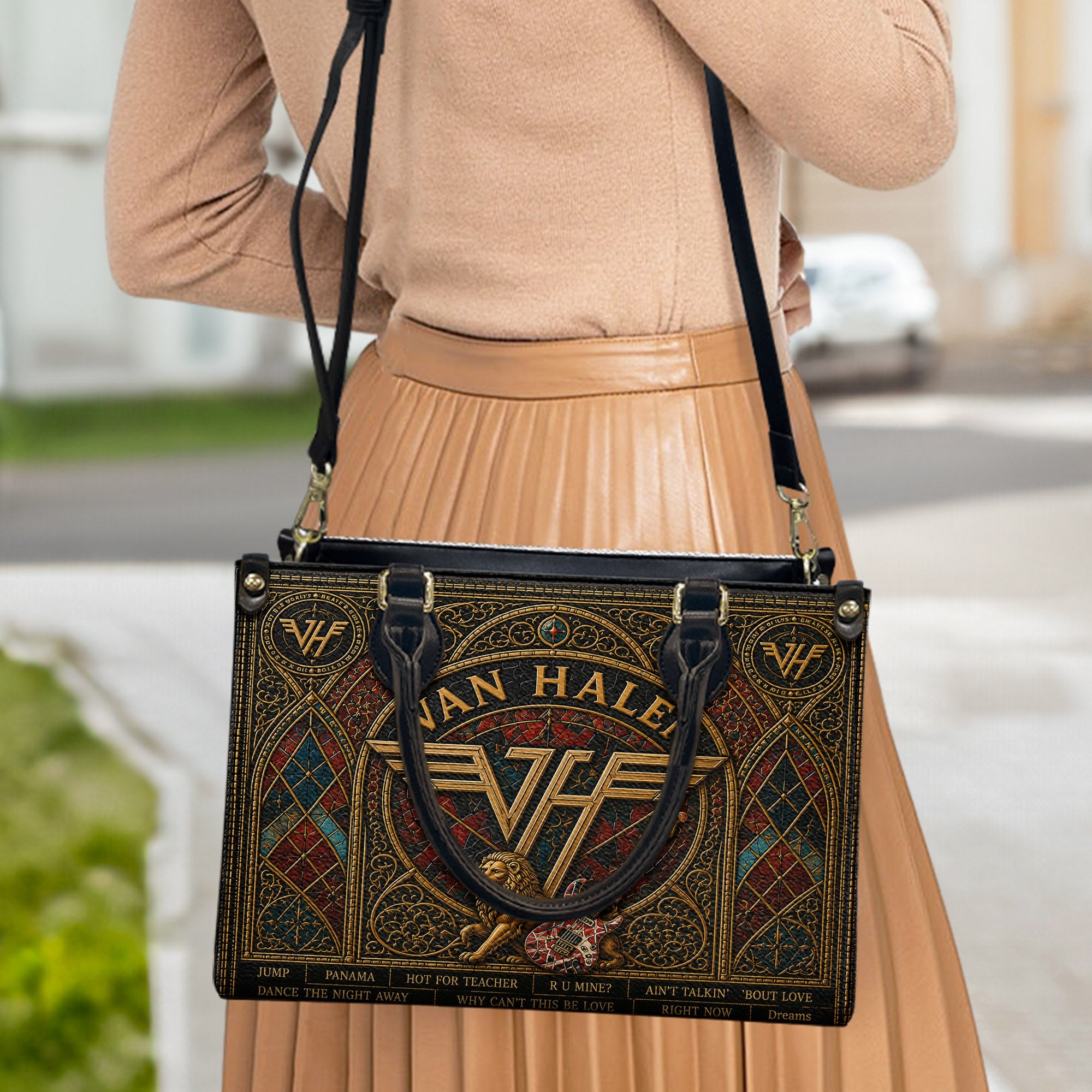 Van Halen Leather Handbag, Tote Bag and Wallet Set, Vintage Stained Glass Rock Band Design, Classic Rock Music Fan Gift