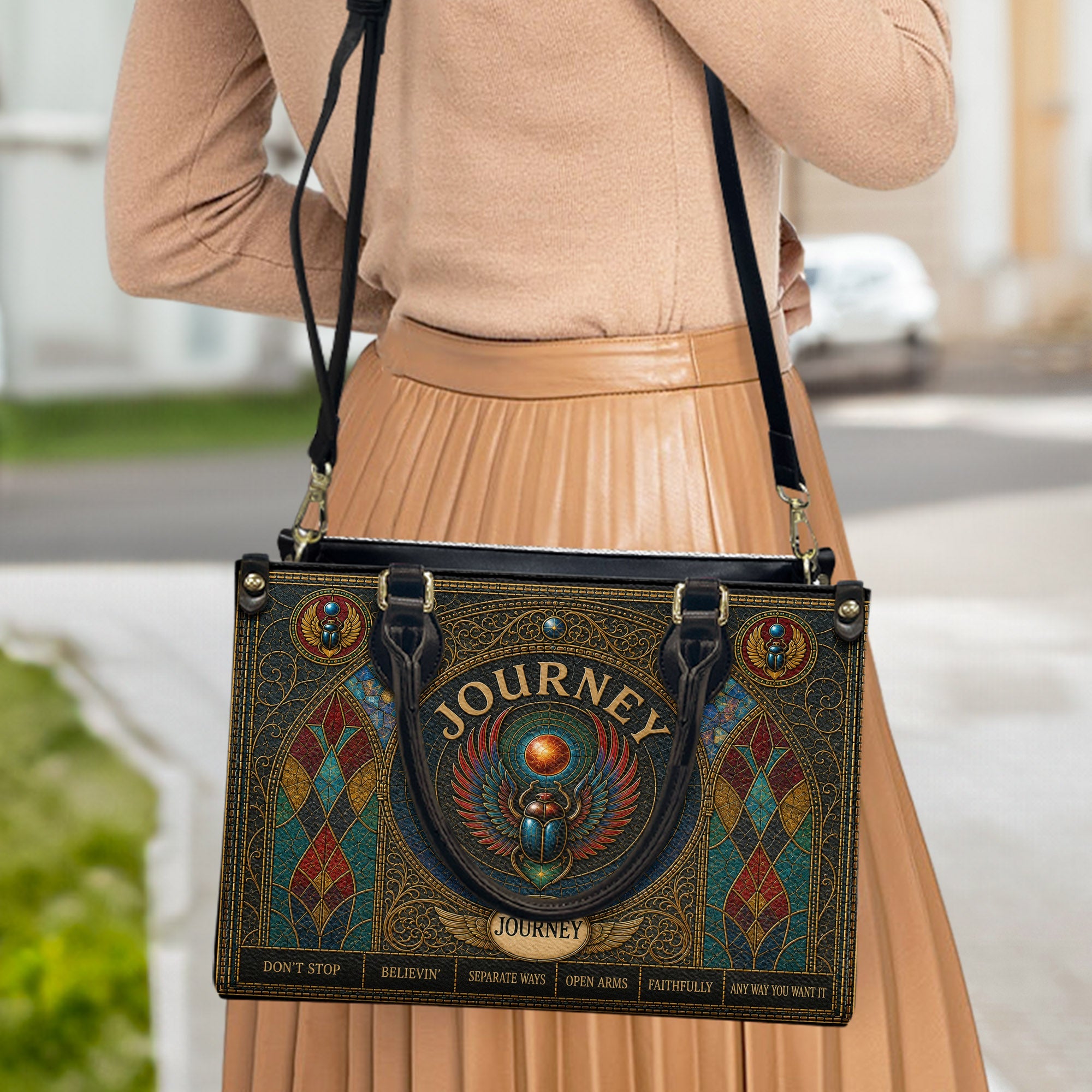 Journey Handbag, Tote Bag and Wallet Set, Stained Glass Scarab Design, Don't Stop Believin' Classic Rock Fan Gift