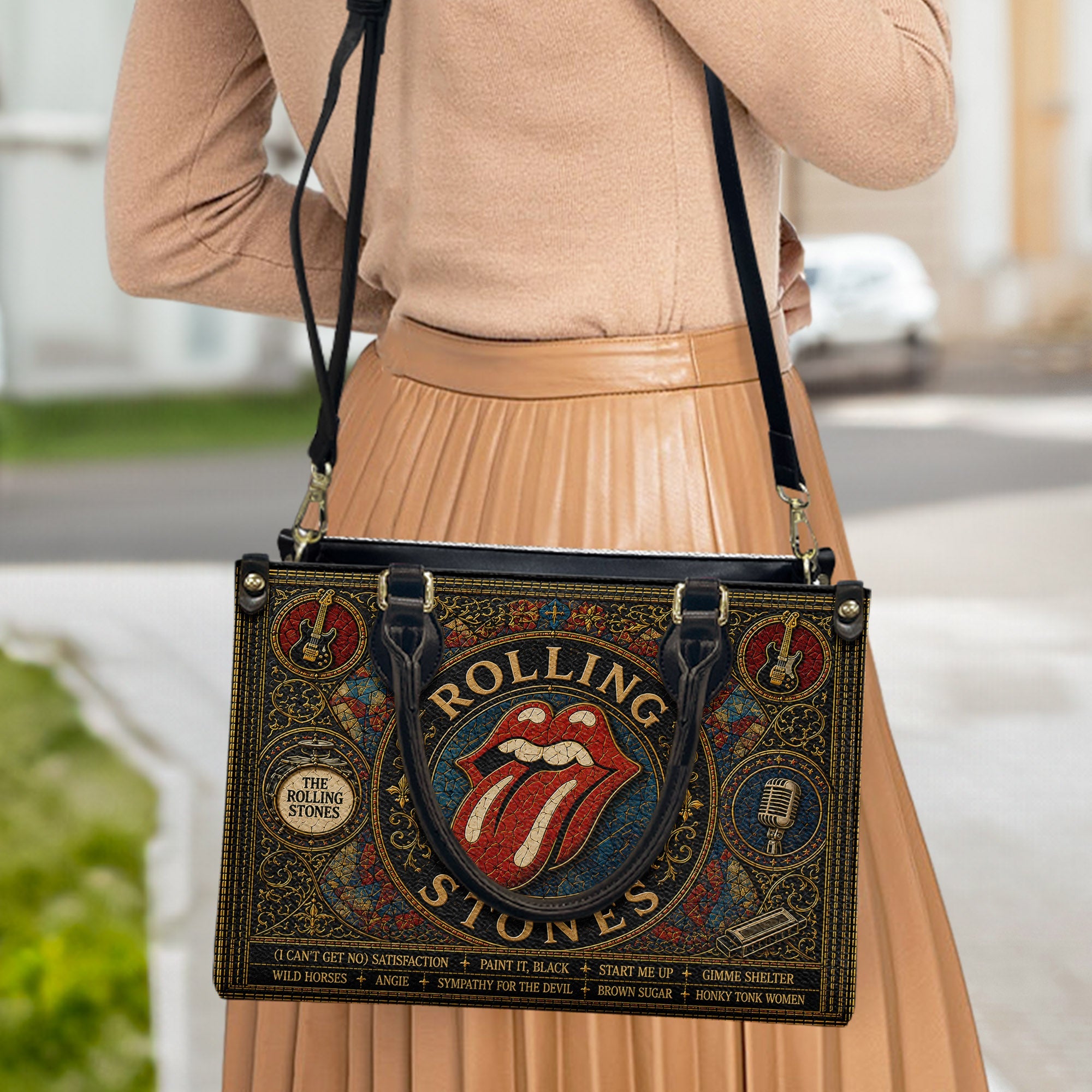 The Rolling Stones Leather Handbag, Tote Bag and Wallet Set, Vintage Stained Glass Tongue Logo Design, Classic Rock Fan Gift