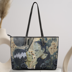 Frankenstein & Bride Leather Tote Bag Gothic Romance Horror Design