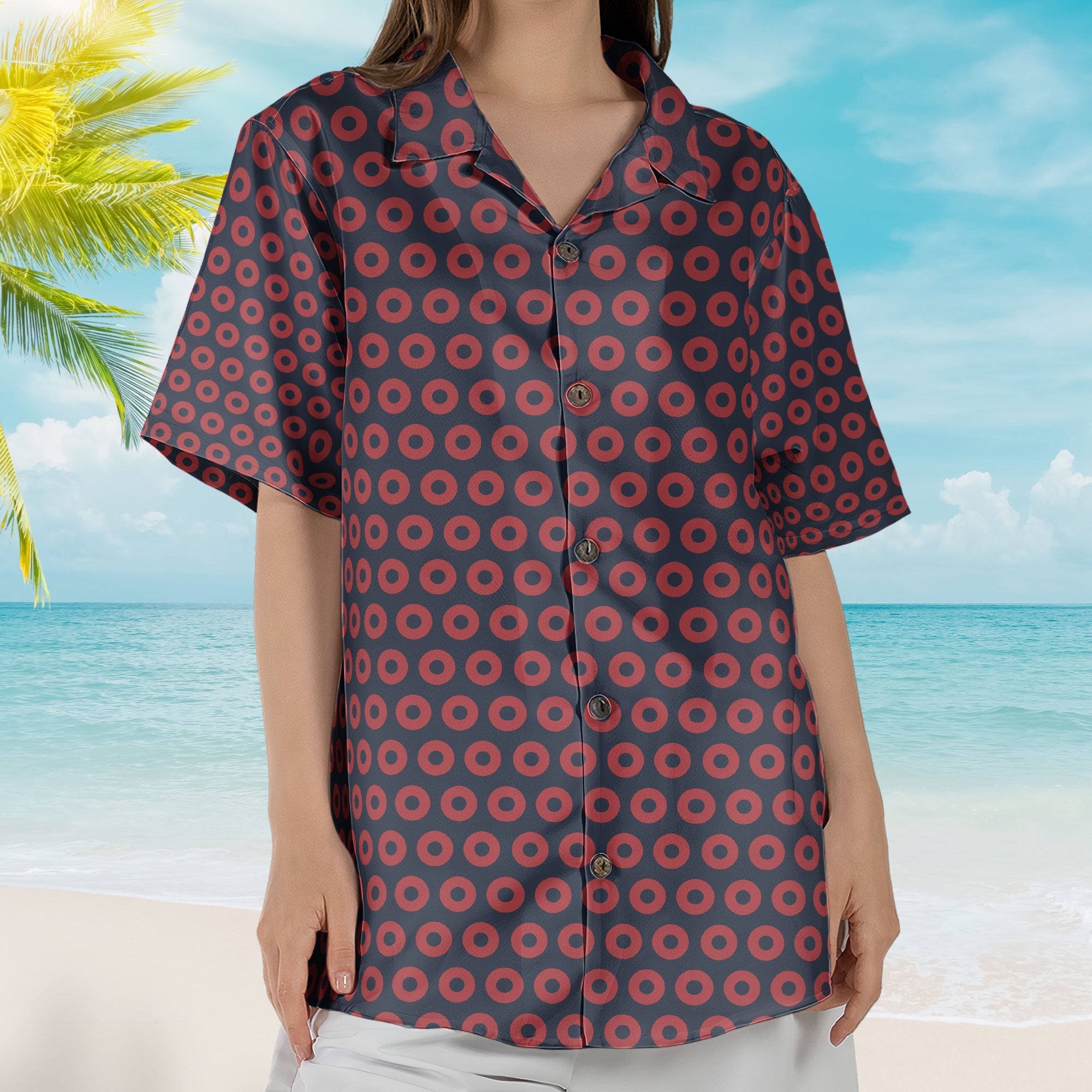 Navy and Red Phish Fishman Donut Unisex Hawaiian Shirt – Retro Music Aloha Button-Up Shirt