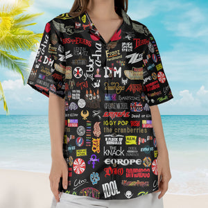 Rock Band Logos Hawaiian Shirt - Unisex 80s Synth Pop Alternative Rock Collage Button Up