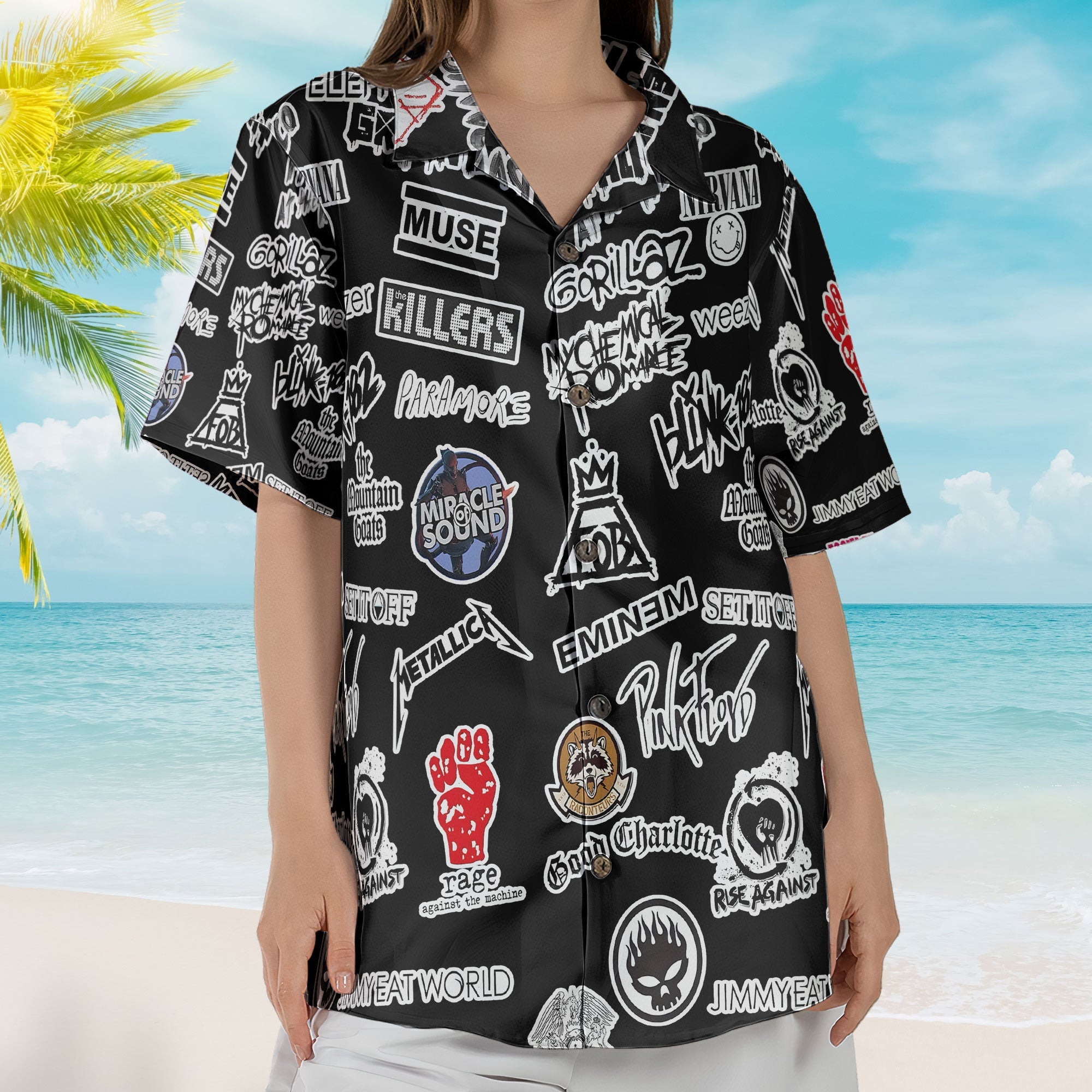 Alternative Rock And Pop Punk Band Logos Hawaiian Shirt - Unisex Black Summer Rock Concert Shirt