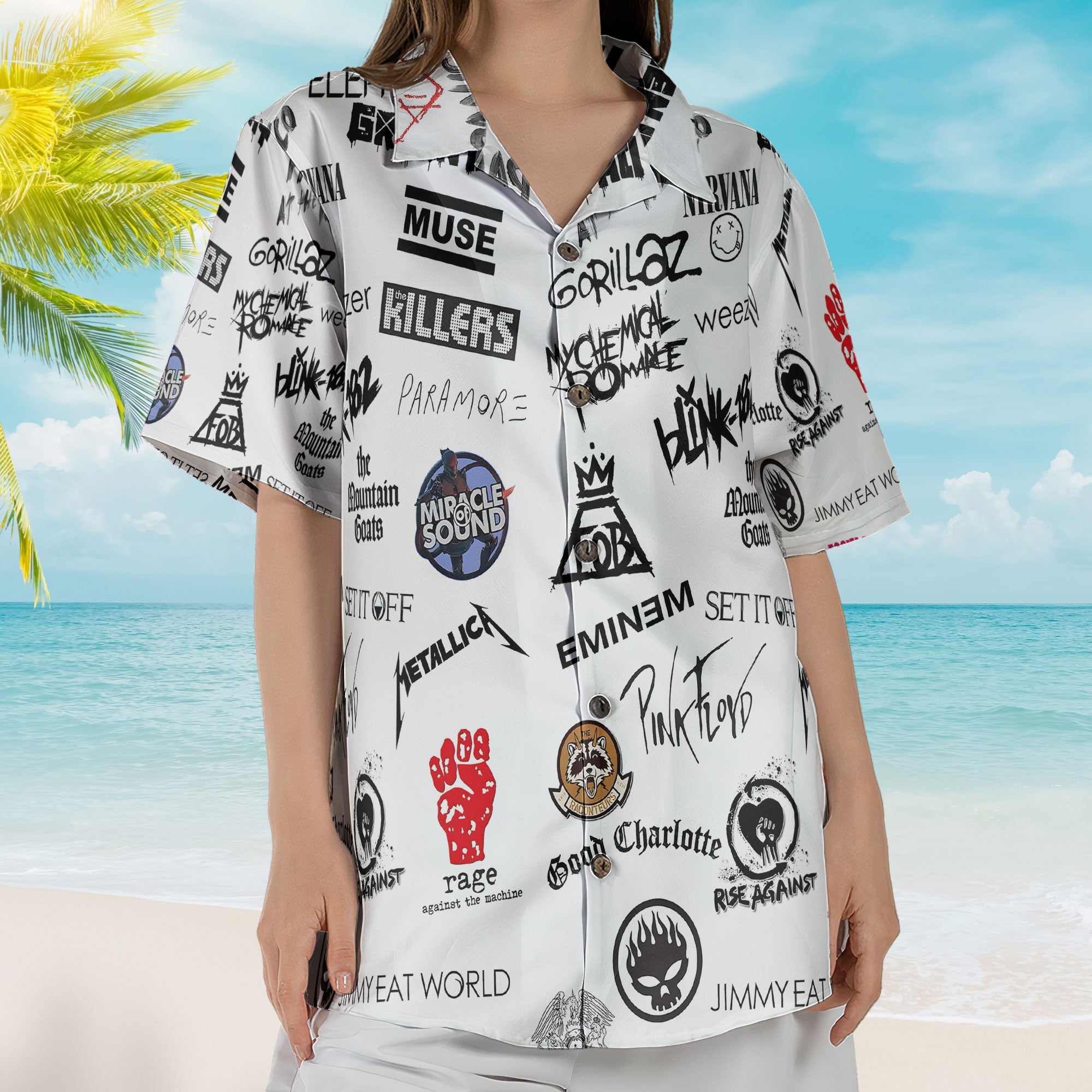 Pop Punk And Alternative Rock Band Logos Hawaiian Shirt - Unisex 2000s Emo Music Collage Button Up