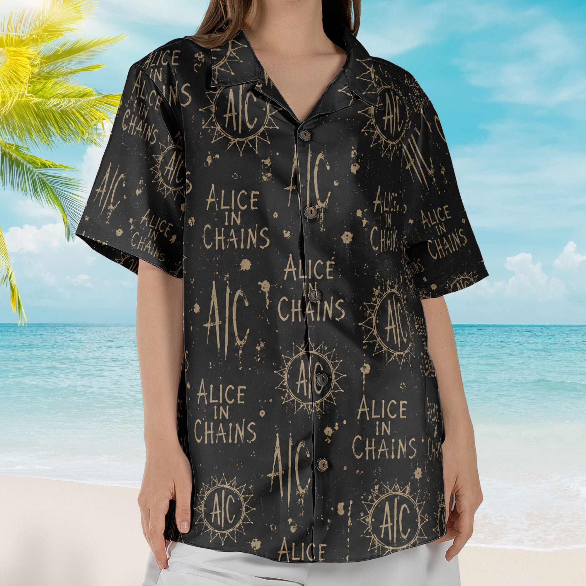 Alice in Chains Hawaiian Shirt - Unisex Grunge Rock AIC Sun Black Summer Button Up