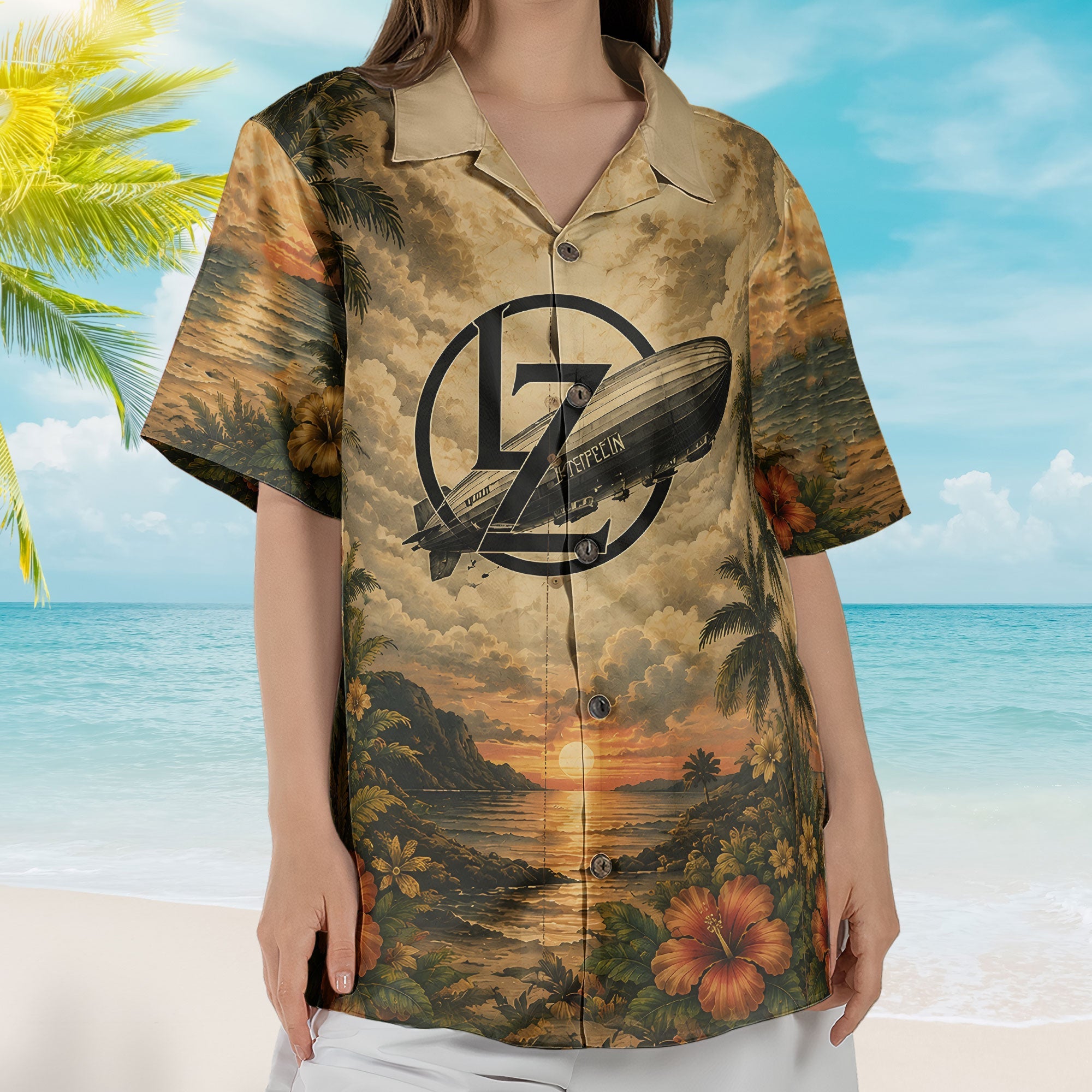 Led Zeppelin Hawaiian Shirt - Unisex Classic Rock Zeppelin Airship Sun Button Up