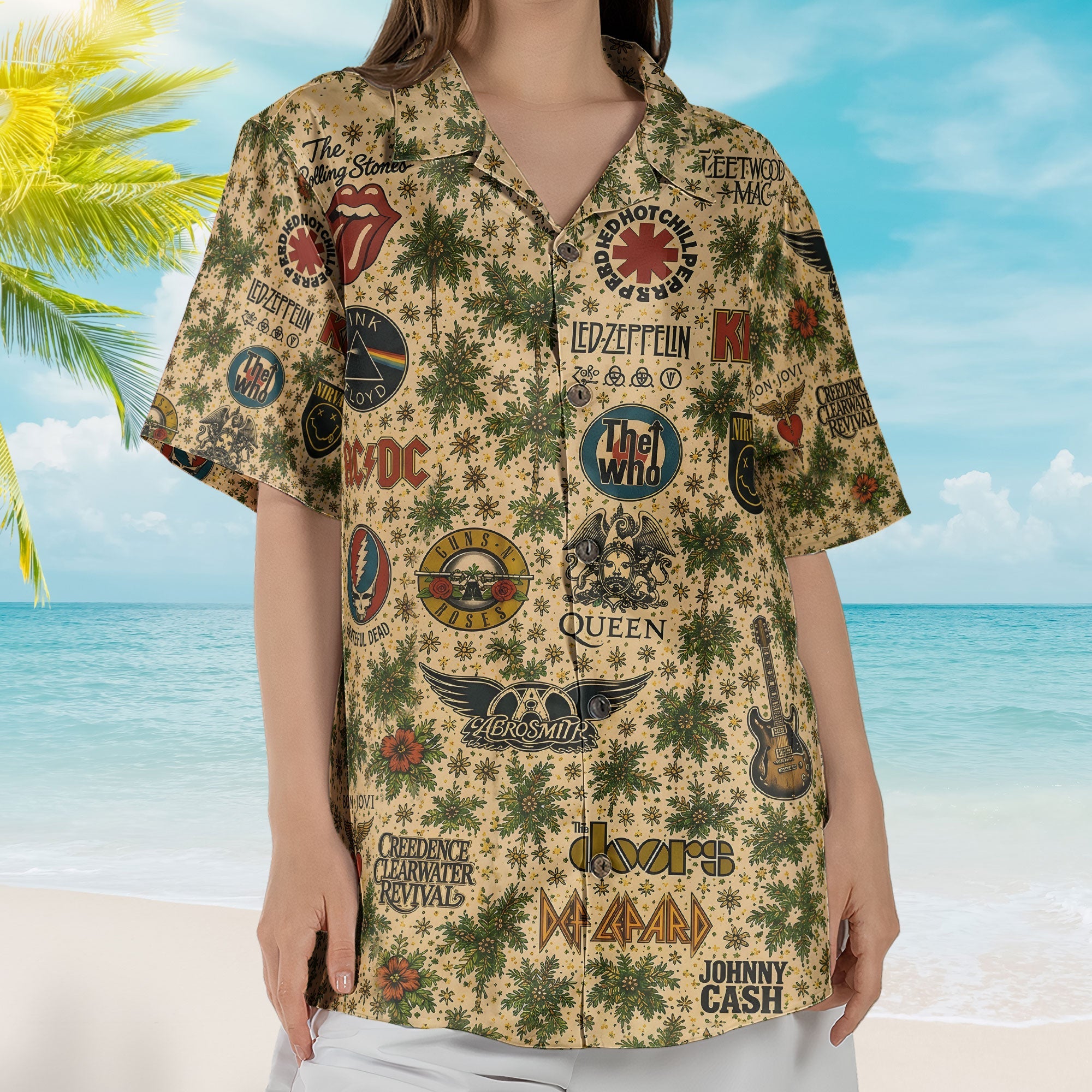 Classic Rock Band Logos Hawaiian Shirt - Unisex Cream Floral Rock Legends Collage Resort Wear