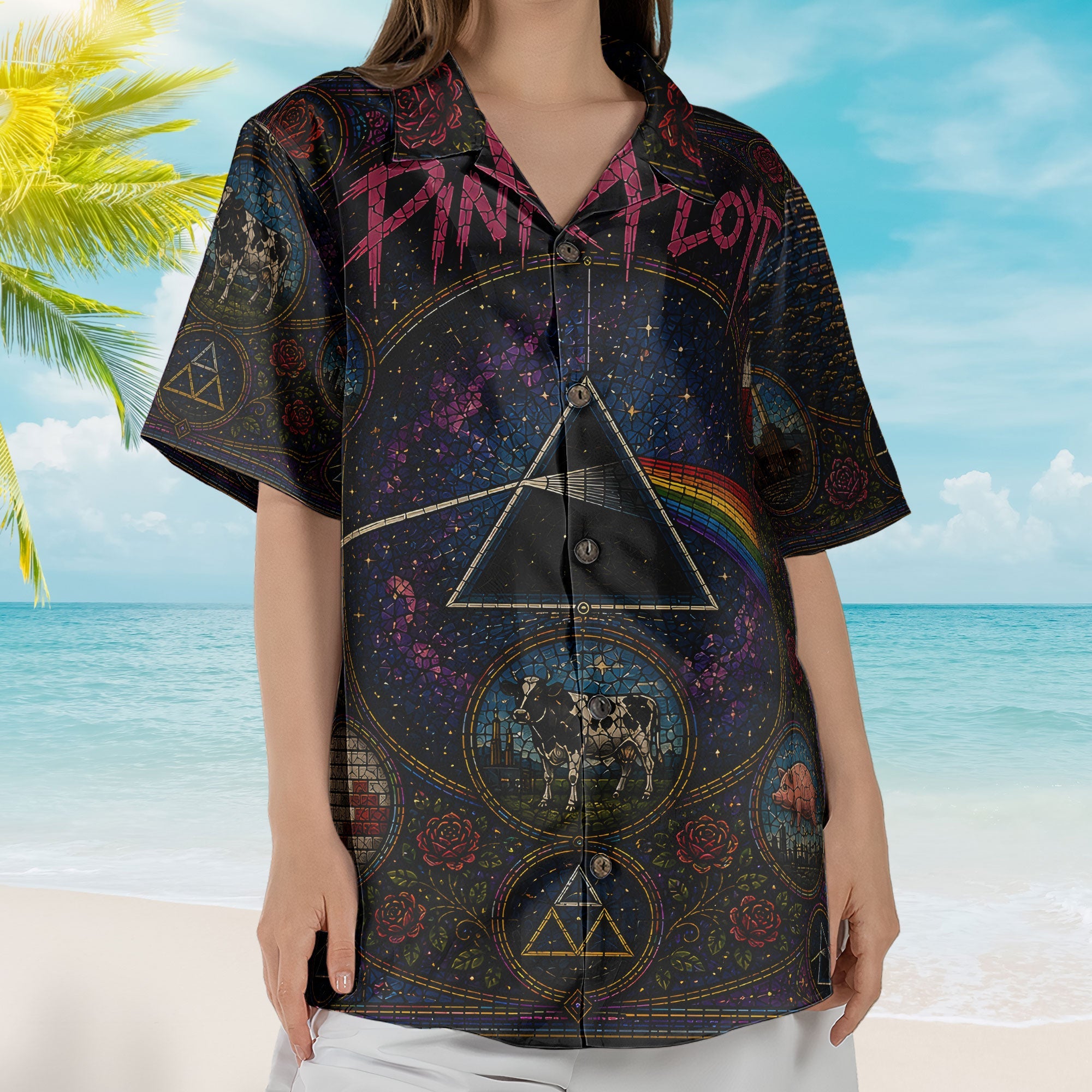 Pink Floyd Gothic Stained Glass Hawaiian Shirt - Unisex Retro Pink Floyd Concert Tour Merch