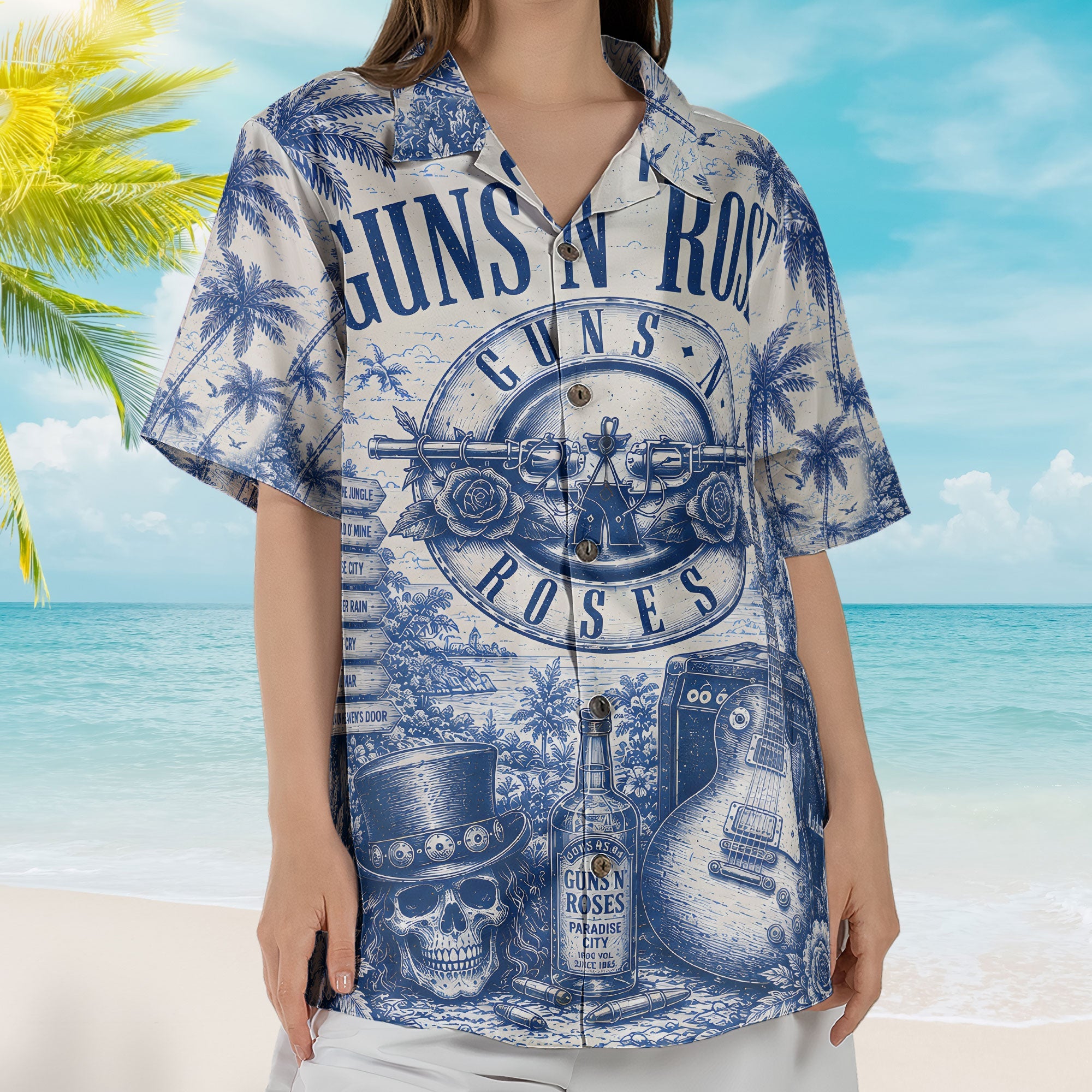 Guns N Roses Toile De Jouy Hawaiian Shirt - Unisex Bullet Logo Slash Skull Fan Gifts Rock Merch