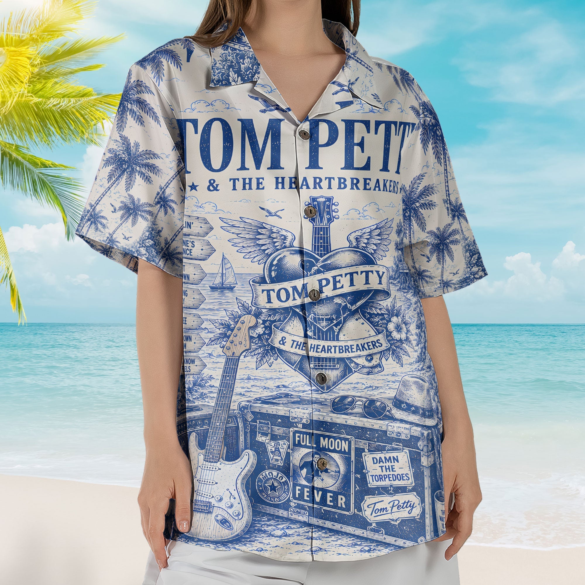 Tom Petty Ocean Scene Hawaiian Shirt - Unisex Heartbreaker Logo Fan Gifts Heartland Button Up