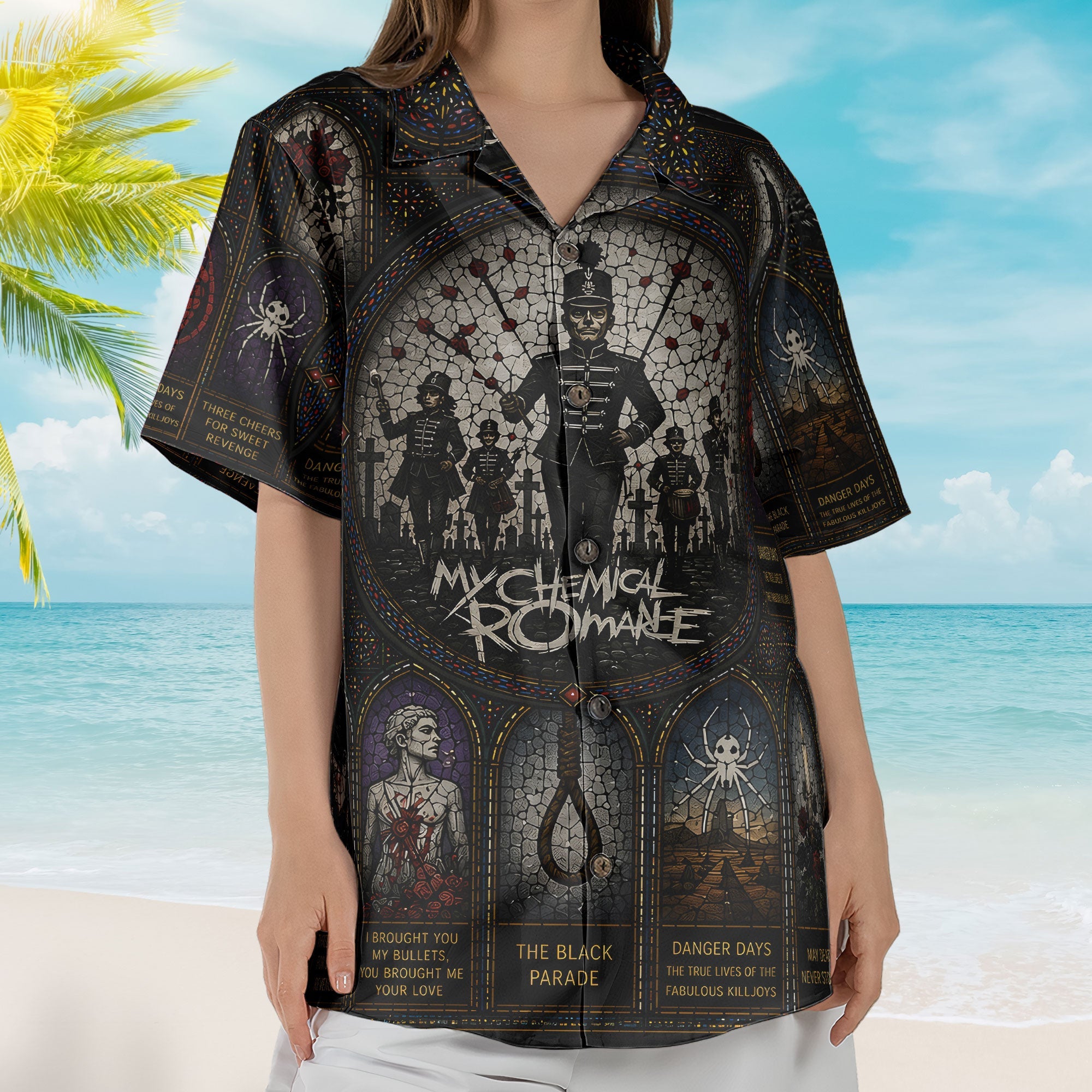 My Chemical Romance Gothic Stained Glass Hawaiian Shirt - Unisex Emo Rock Beach Button Up