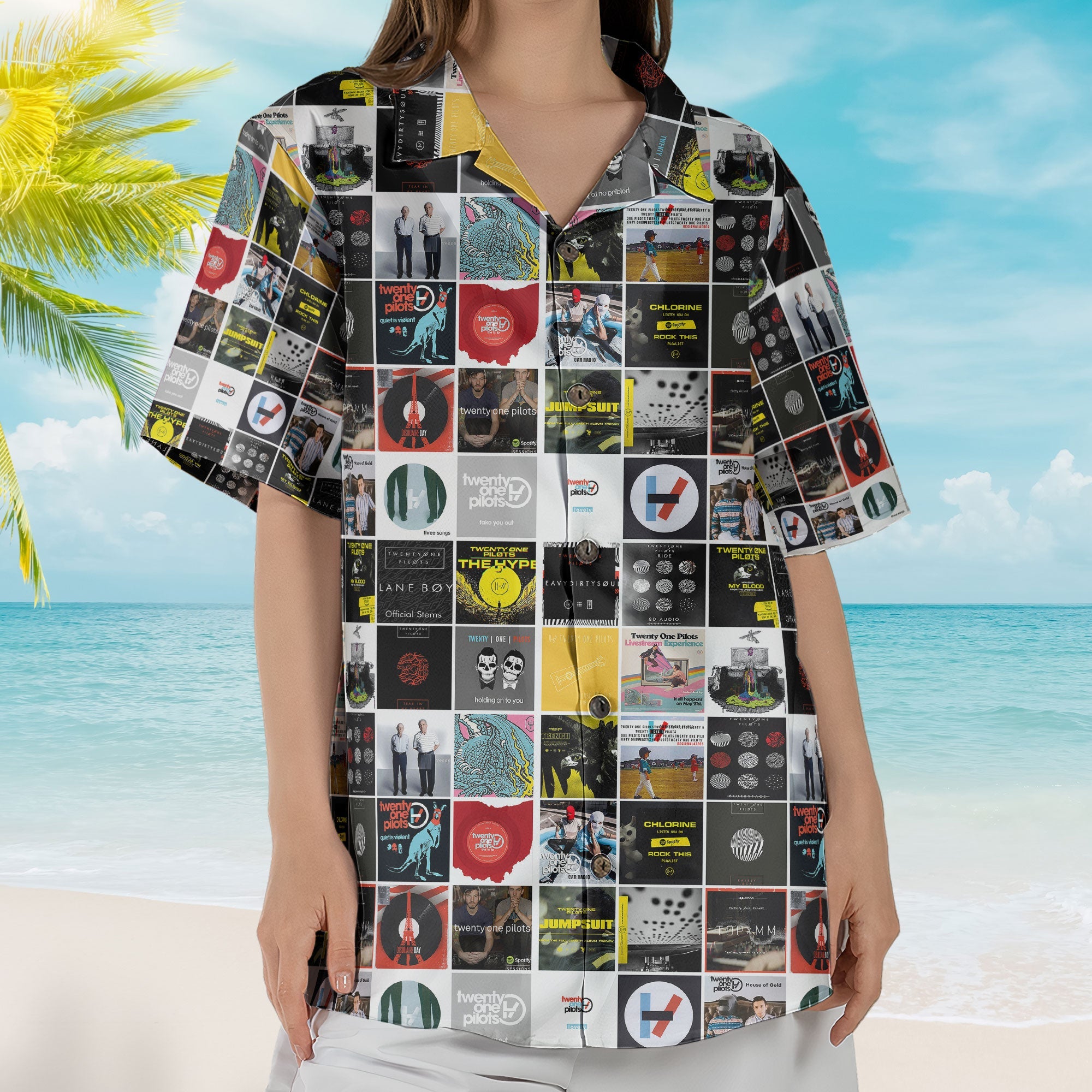 Twenty One Pilots Album Cover Collage Hawaiian Shirt - Unisex Indie Pop Music Summer Button Up