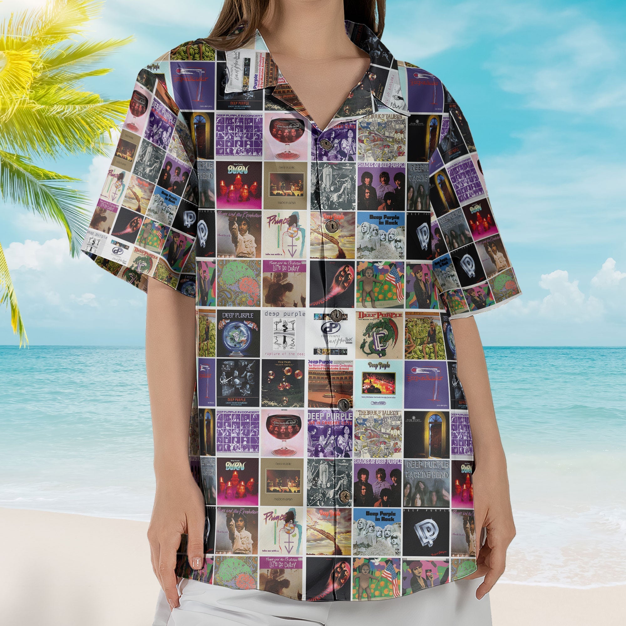 Prince And Deep Purple Album Cover Collage Hawaiian Shirt - Unisex Classic Hard Rock Pop Funk Summer Button Up