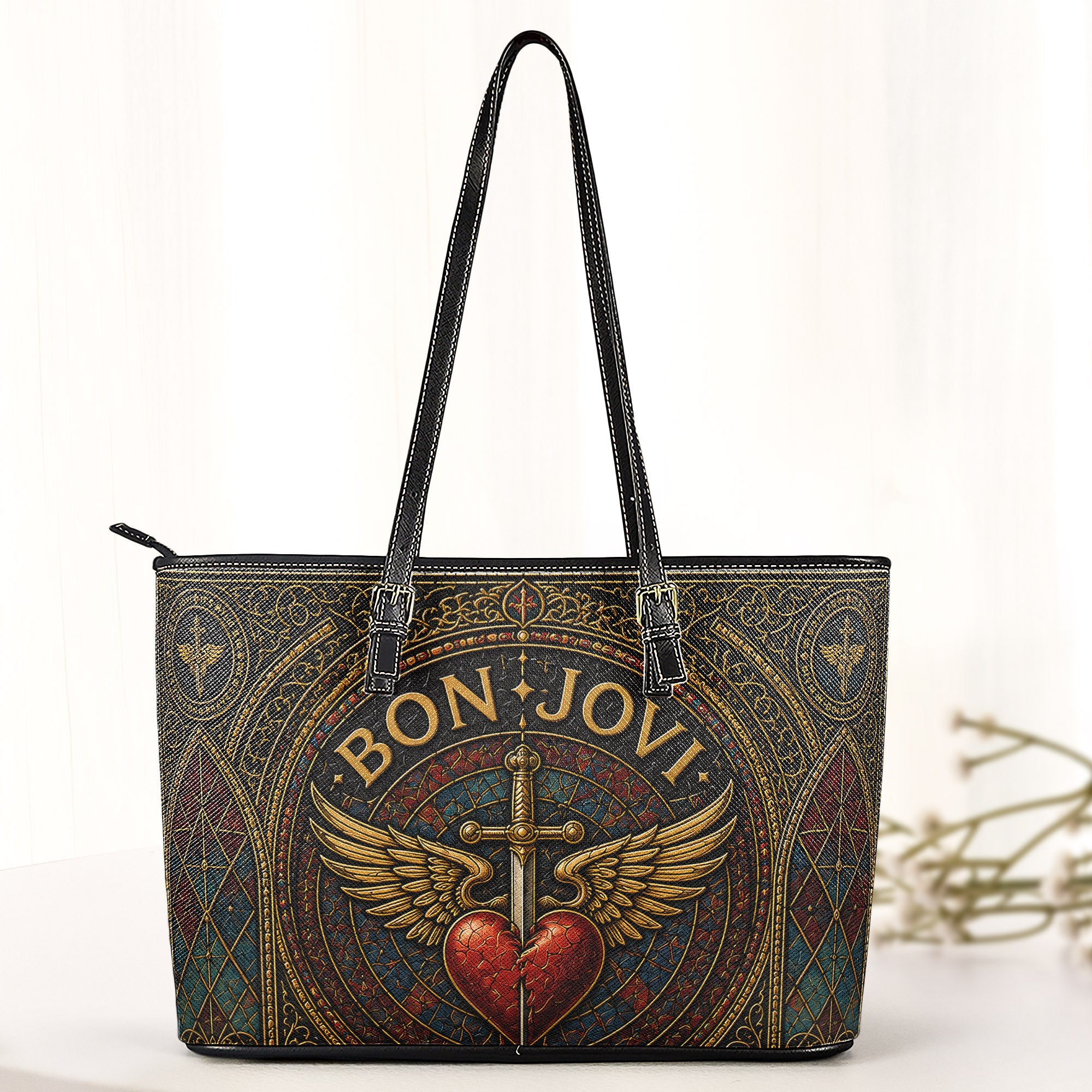 Bon Jovi Handbag, Tote Bag and Wallet Set, Stained Glass Heart and Dagger Design, Classic Rock Music Fan Gift