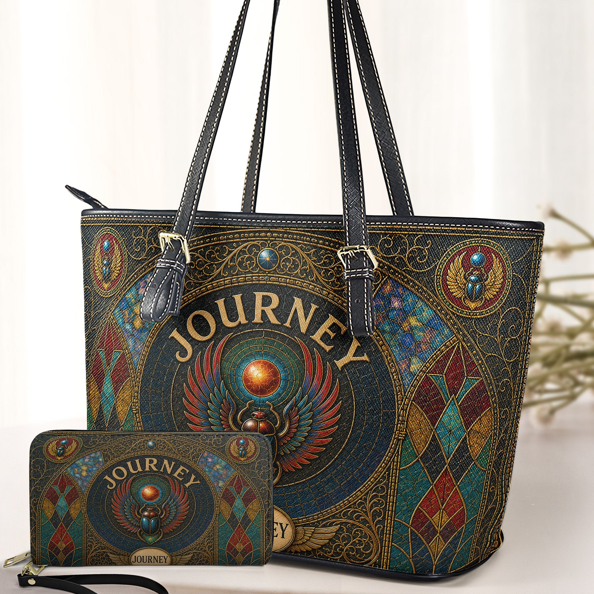 Journey Handbag, Tote Bag and Wallet Set, Stained Glass Scarab Design, Don't Stop Believin' Classic Rock Fan Gift