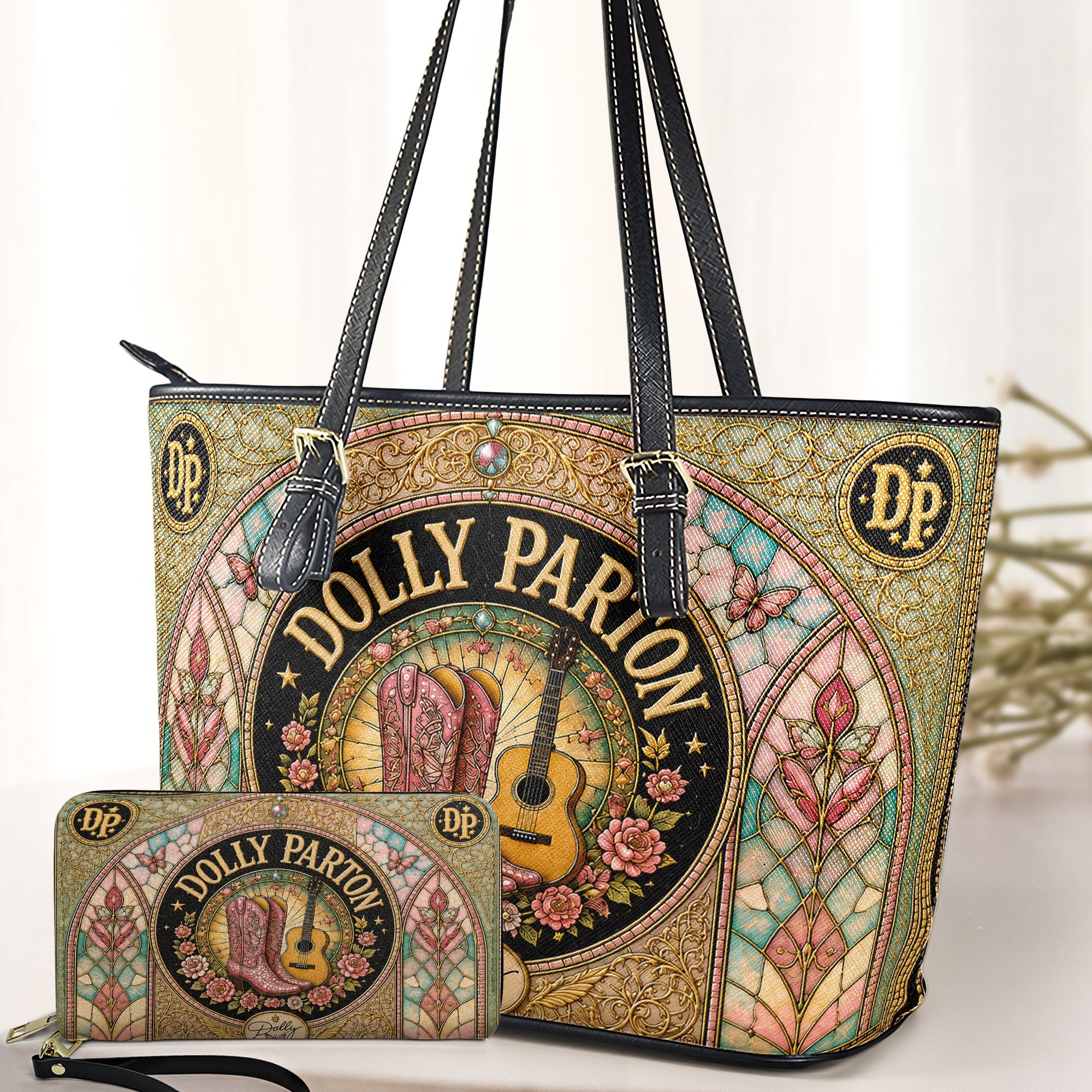 Dolly Parton Leather Handbag, Tote Bag and Wallet Set, Vintage Stained Glass Country Music Design, Cowgirl Boots Fan Gift