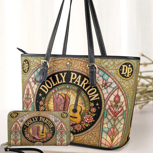 Dolly Parton Leather Handbag, Tote Bag and Wallet Set, Vintage Stained Glass Country Music Design, Cowgirl Boots Fan Gift