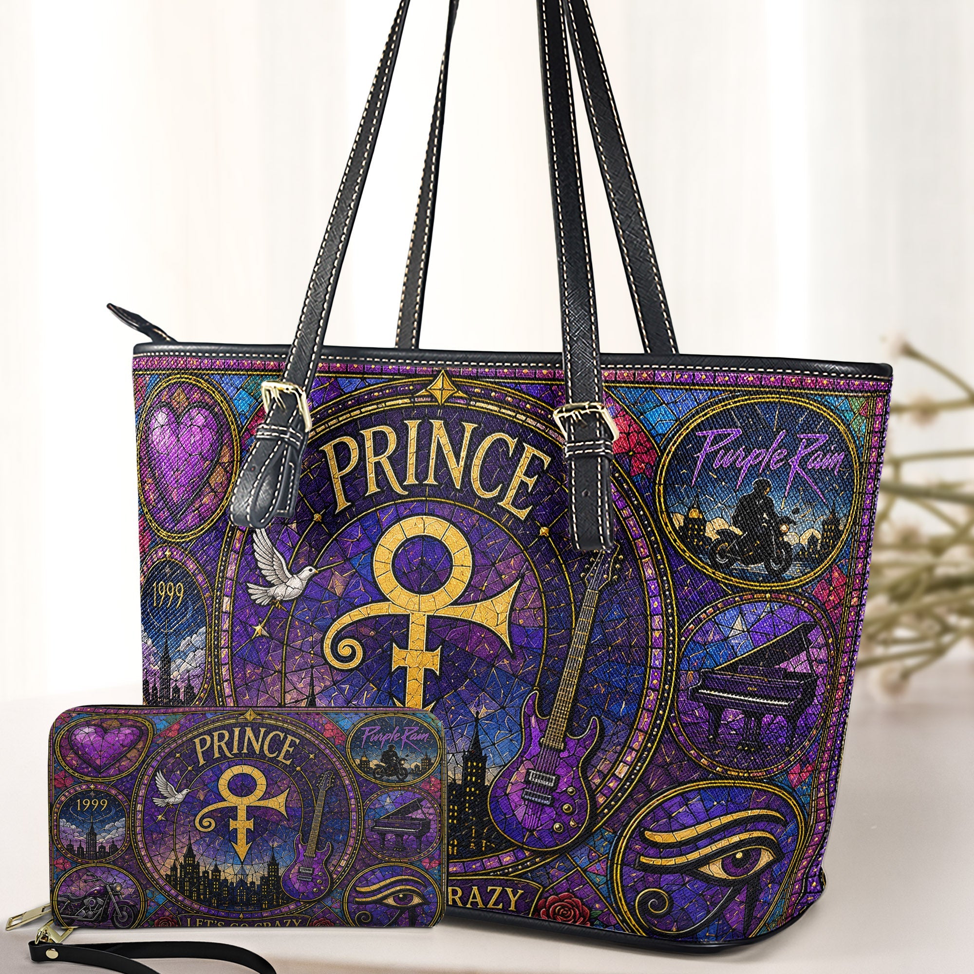 Prince Leather Handbag, Tote Bag and Wallet Set, Purple Stained Glass Symbol Design, Purple Rain Music Fan Gift