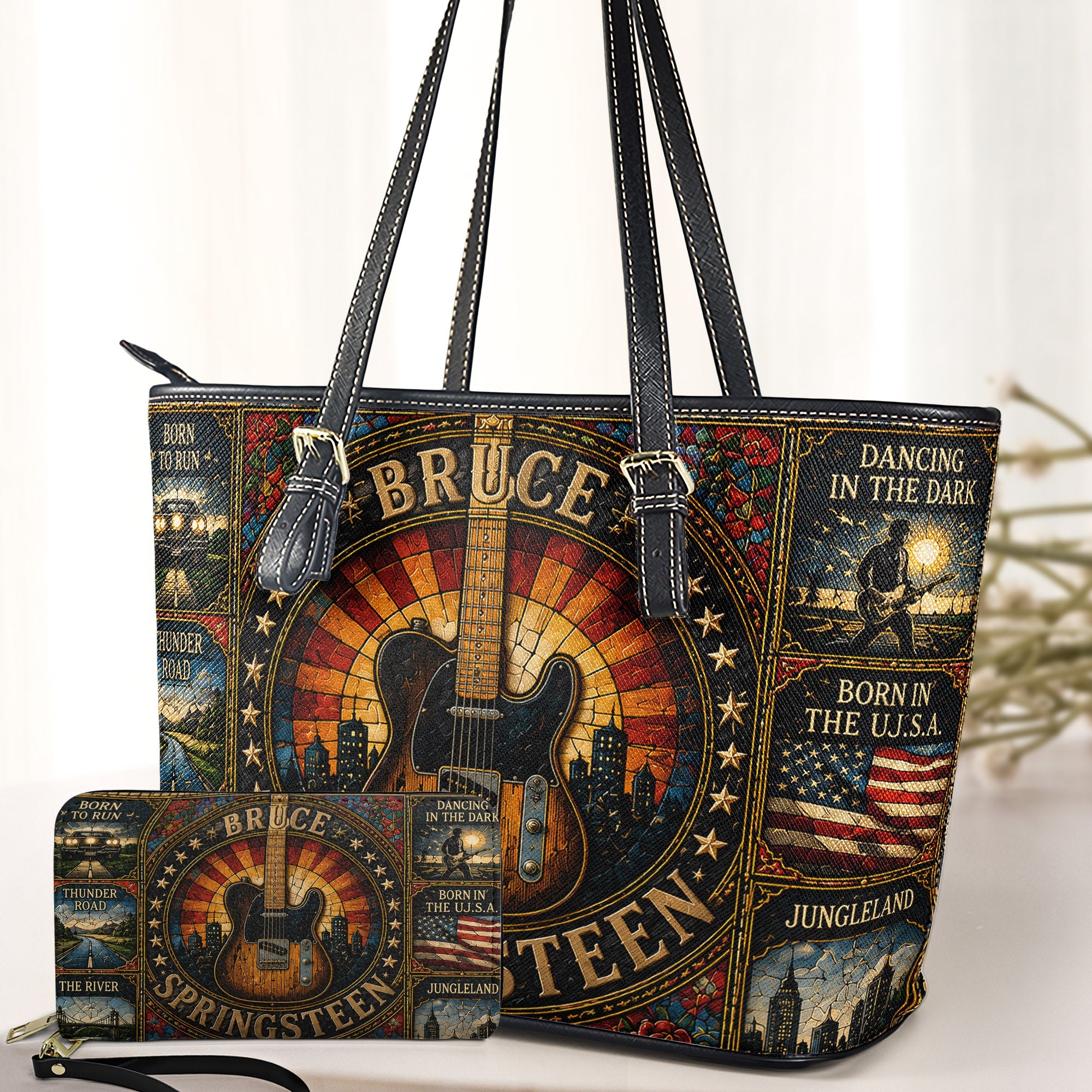 Bruce Springsteen Handbag, Tote Bag and Wallet Set, Vintage Stained Glass Guitar Design, The Boss Rock Music Fan Gift