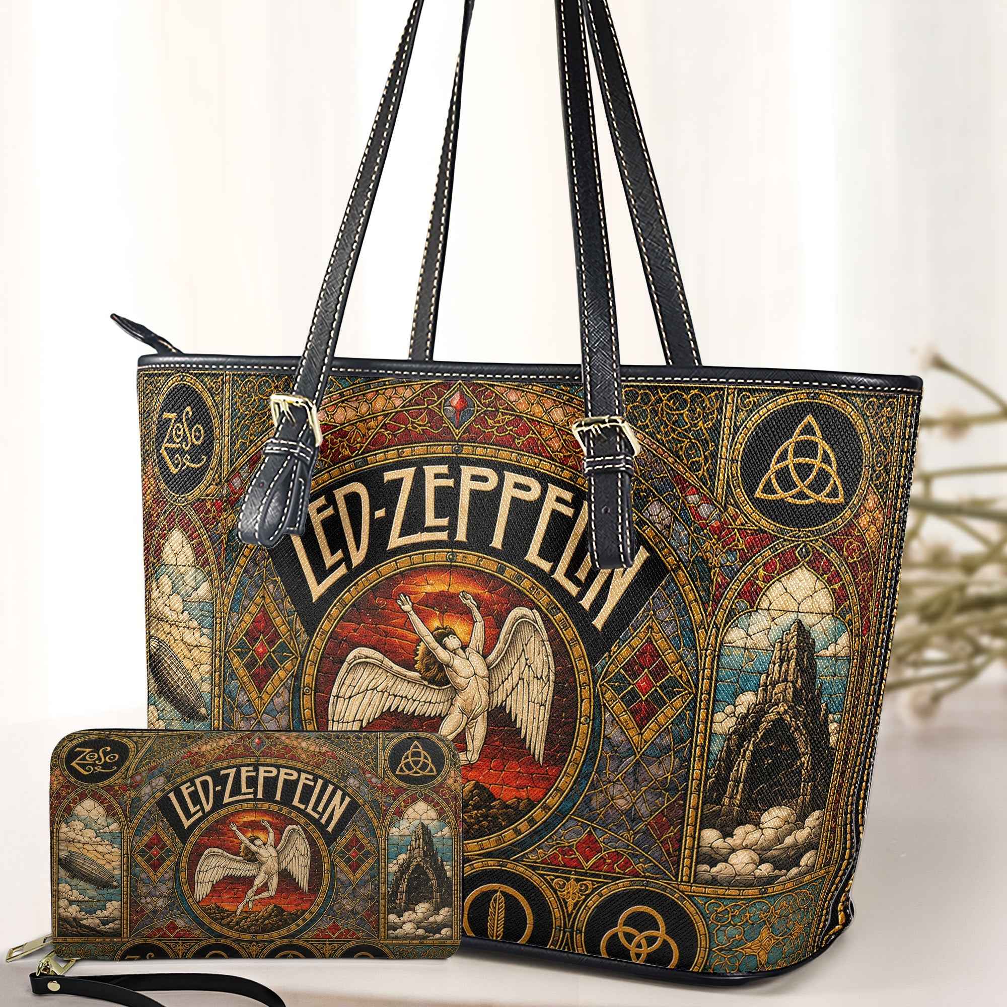 Led Zeppelin Leather Handbag, Tote Bag and Wallet Set, Vintage Stained Glass Swan Song Design, Classic Rock Music Fan Gift