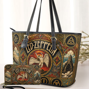 Led Zeppelin Leather Handbag, Tote Bag and Wallet Set, Vintage Stained Glass Swan Song Design, Classic Rock Music Fan Gift