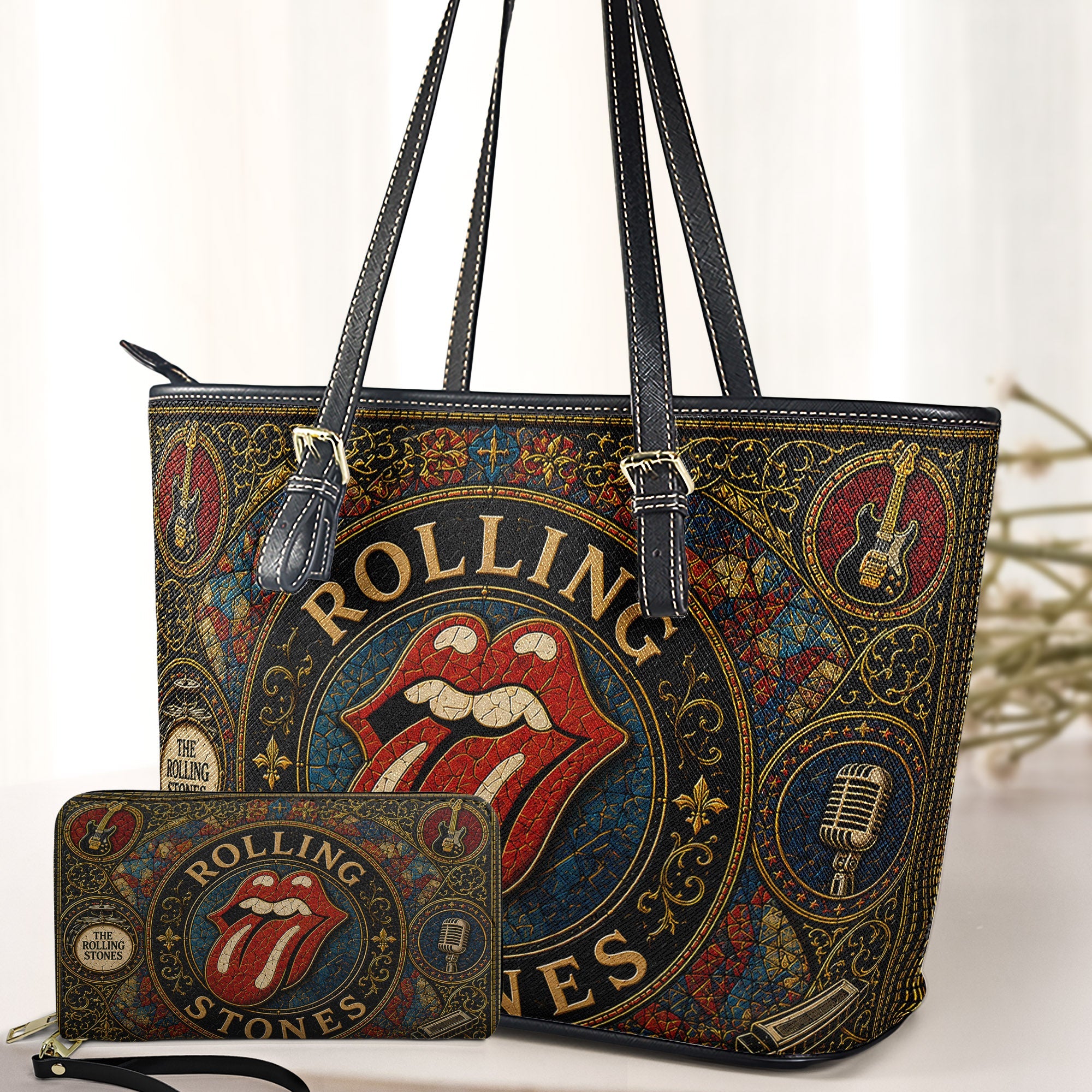 The Rolling Stones Leather Handbag, Tote Bag and Wallet Set, Vintage Stained Glass Tongue Logo Design, Classic Rock Fan Gift