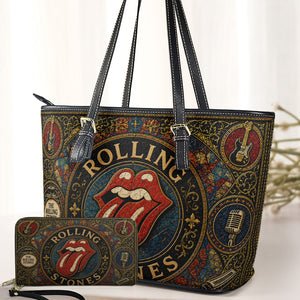 The Rolling Stones Leather Handbag, Tote Bag and Wallet Set, Vintage Stained Glass Tongue Logo Design, Classic Rock Fan Gift