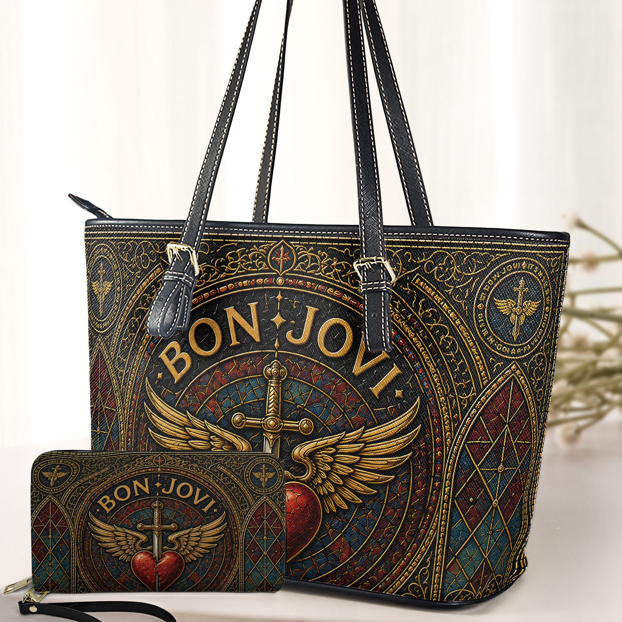 Bon Jovi Handbag, Tote Bag and Wallet Set, Stained Glass Heart and Dagger Design, Classic Rock Music Fan Gift