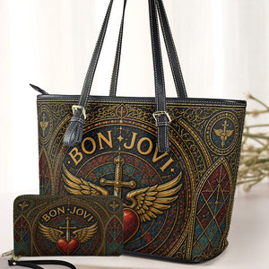 Bon Jovi Handbag, Tote Bag and Wallet Set, Stained Glass Heart and Dagger Design, Classic Rock Music Fan Gift