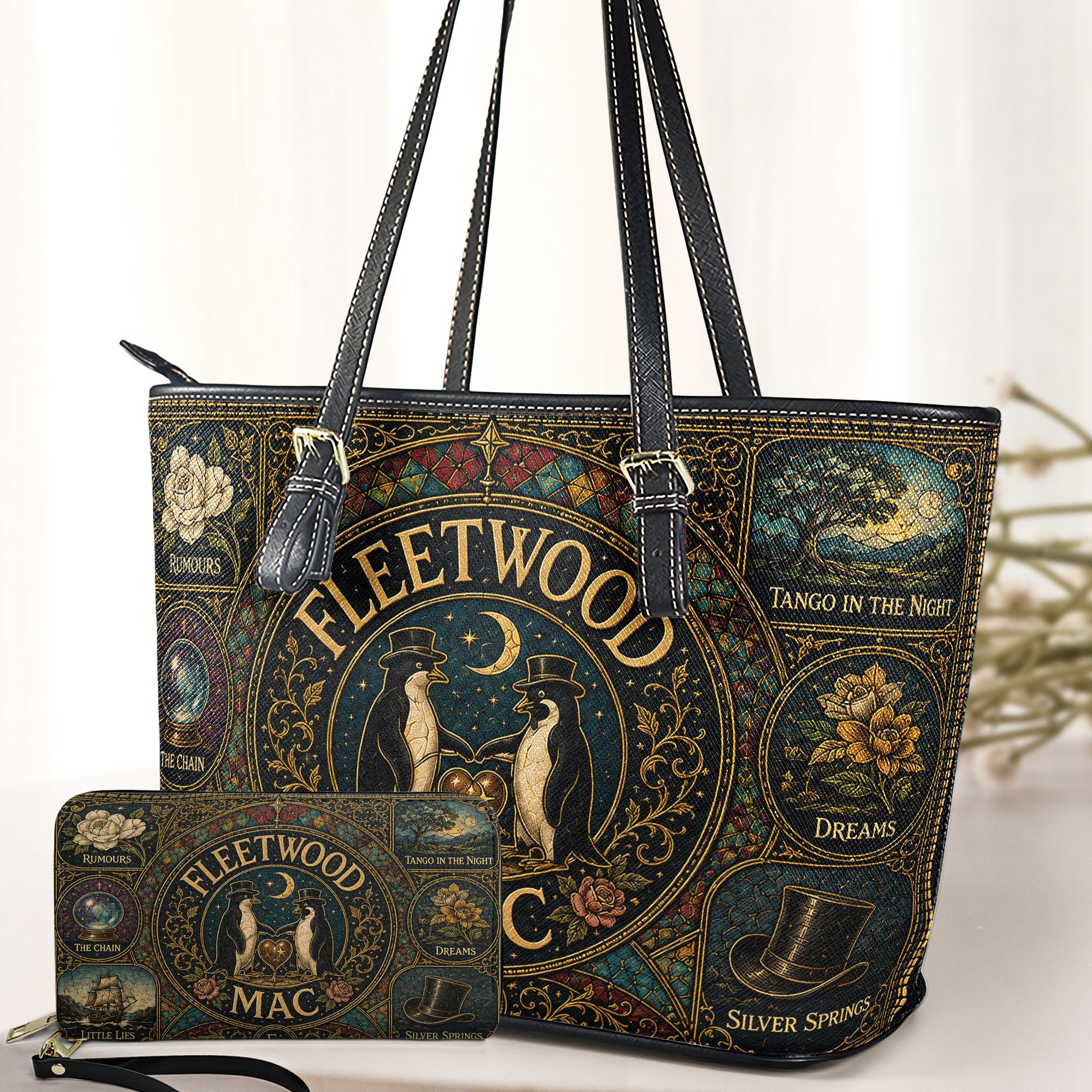 Fleetwood Mac Leather Handbag, Tote Bag and Wallet Set, Vintage Stained Glass Rumours Design, Classic Rock Music Fan Gift