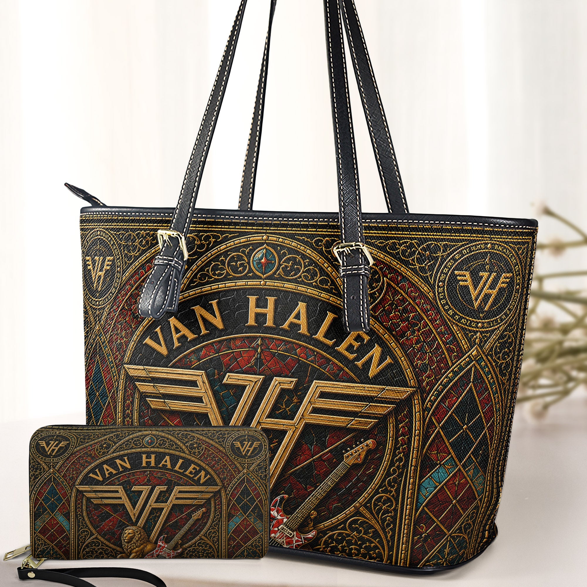 Van Halen Leather Handbag, Tote Bag and Wallet Set, Vintage Stained Glass Rock Band Design, Classic Rock Music Fan Gift
