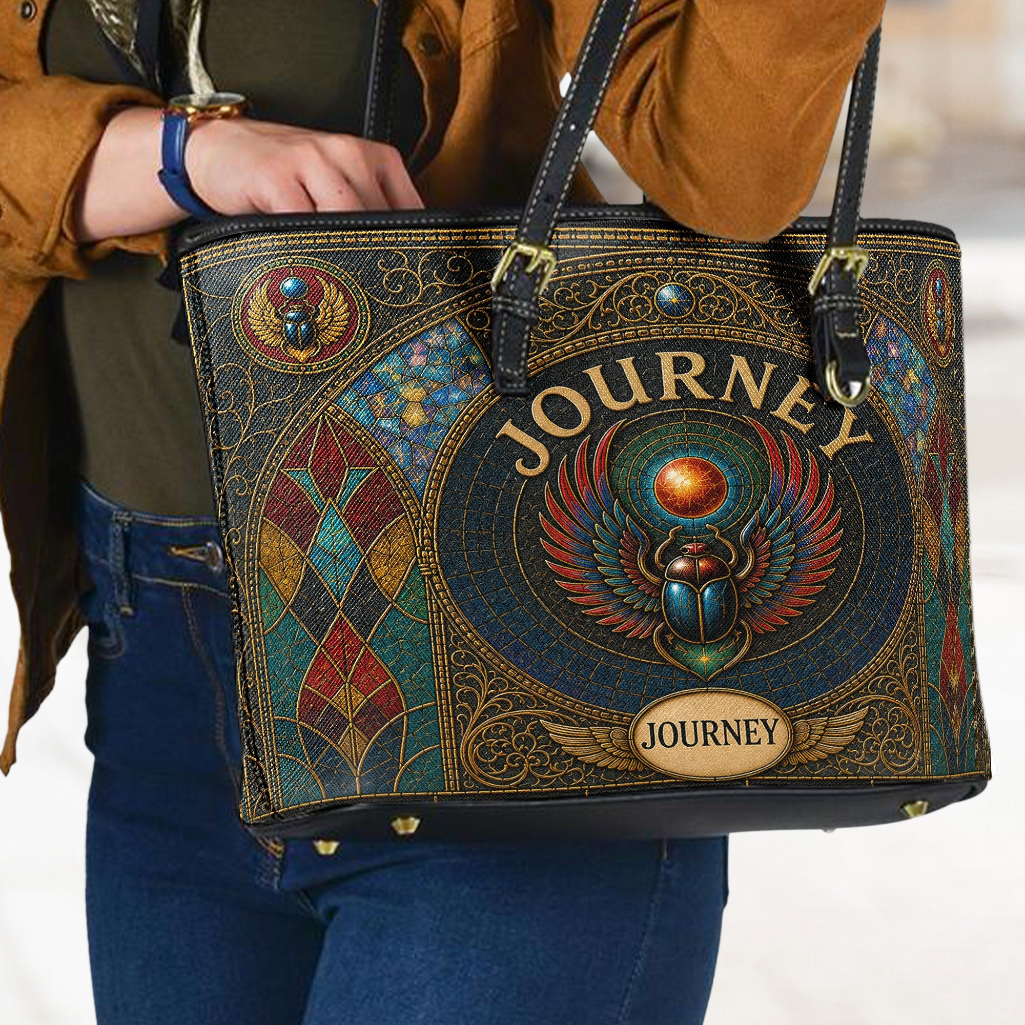Journey Handbag, Tote Bag and Wallet Set, Stained Glass Scarab Design, Don't Stop Believin' Classic Rock Fan Gift