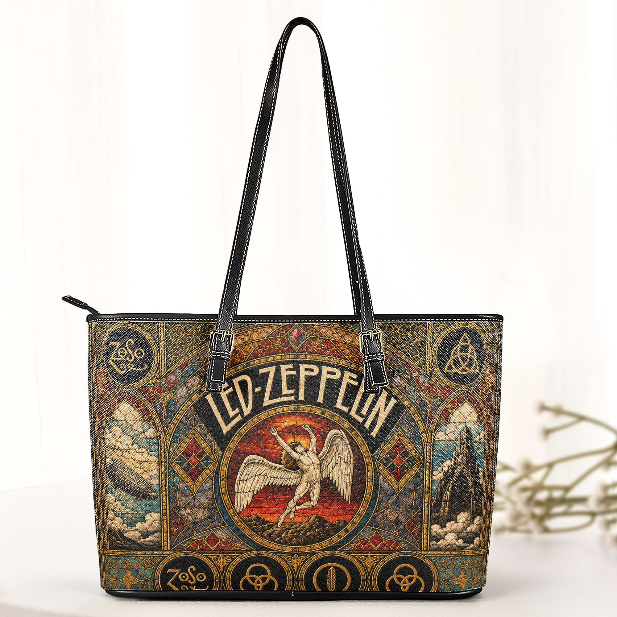 Led Zeppelin Leather Handbag, Tote Bag and Wallet Set, Vintage Stained Glass Swan Song Design, Classic Rock Music Fan Gift