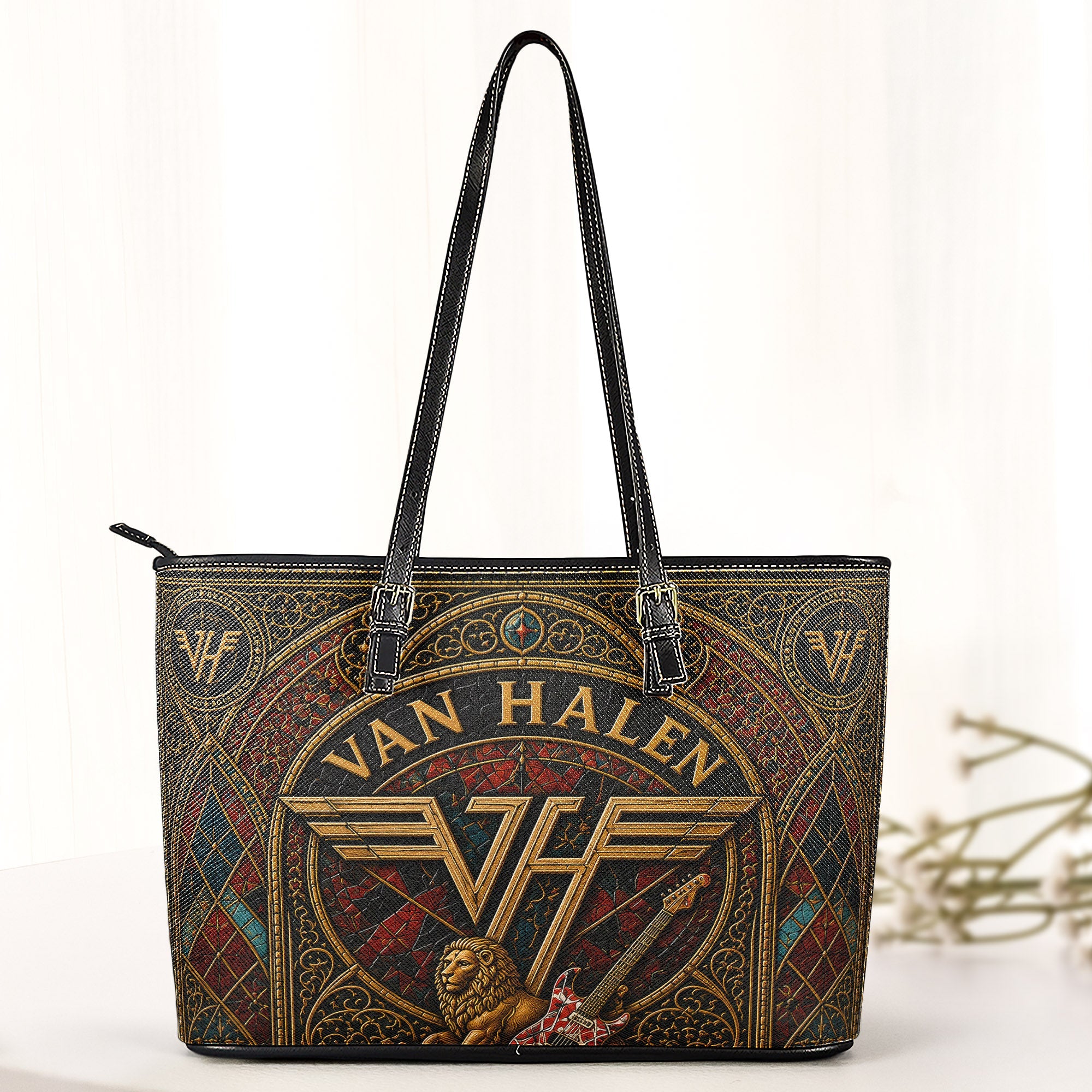 Van Halen Leather Handbag, Tote Bag and Wallet Set, Vintage Stained Glass Rock Band Design, Classic Rock Music Fan Gift