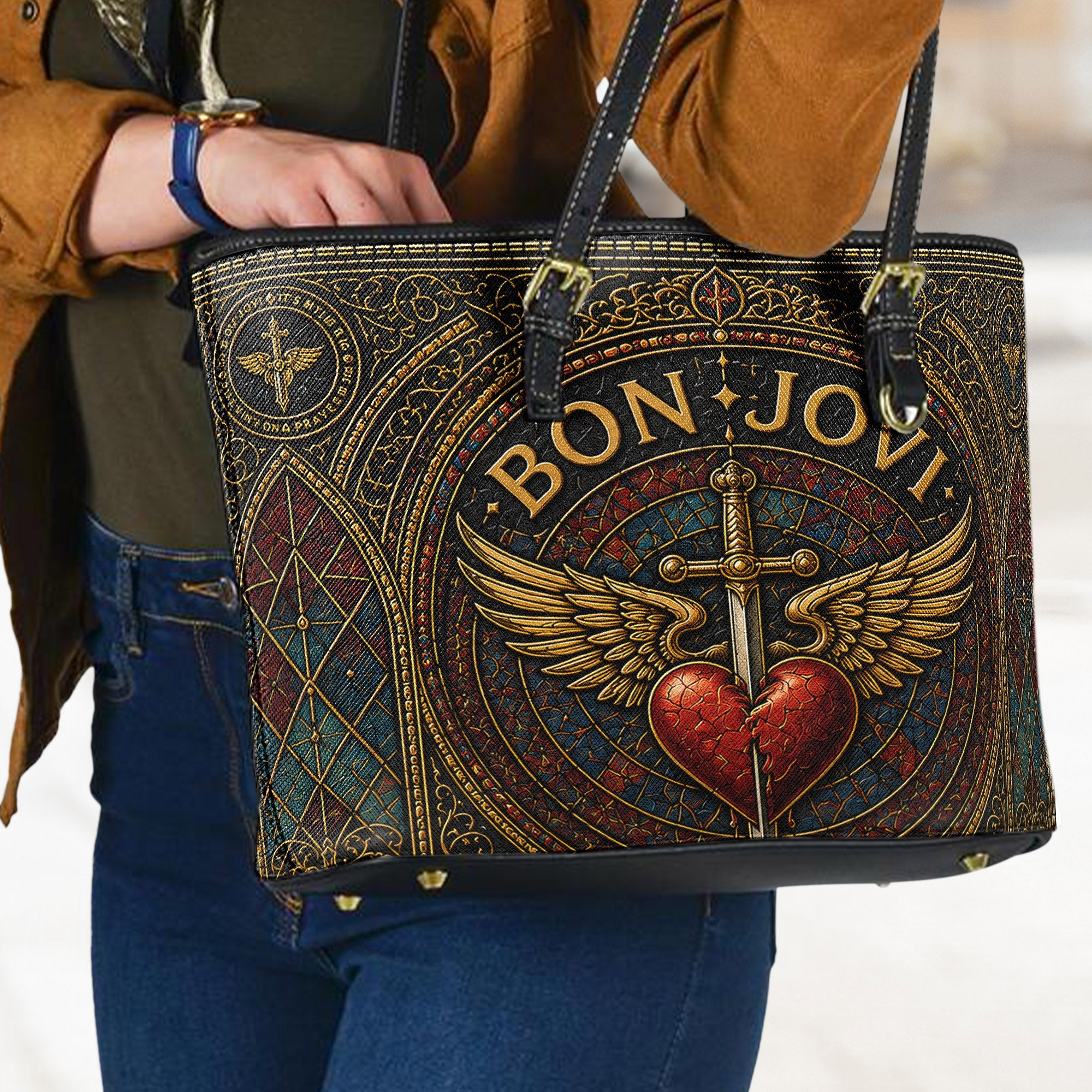 Bon Jovi Handbag, Tote Bag and Wallet Set, Stained Glass Heart and Dagger Design, Classic Rock Music Fan Gift
