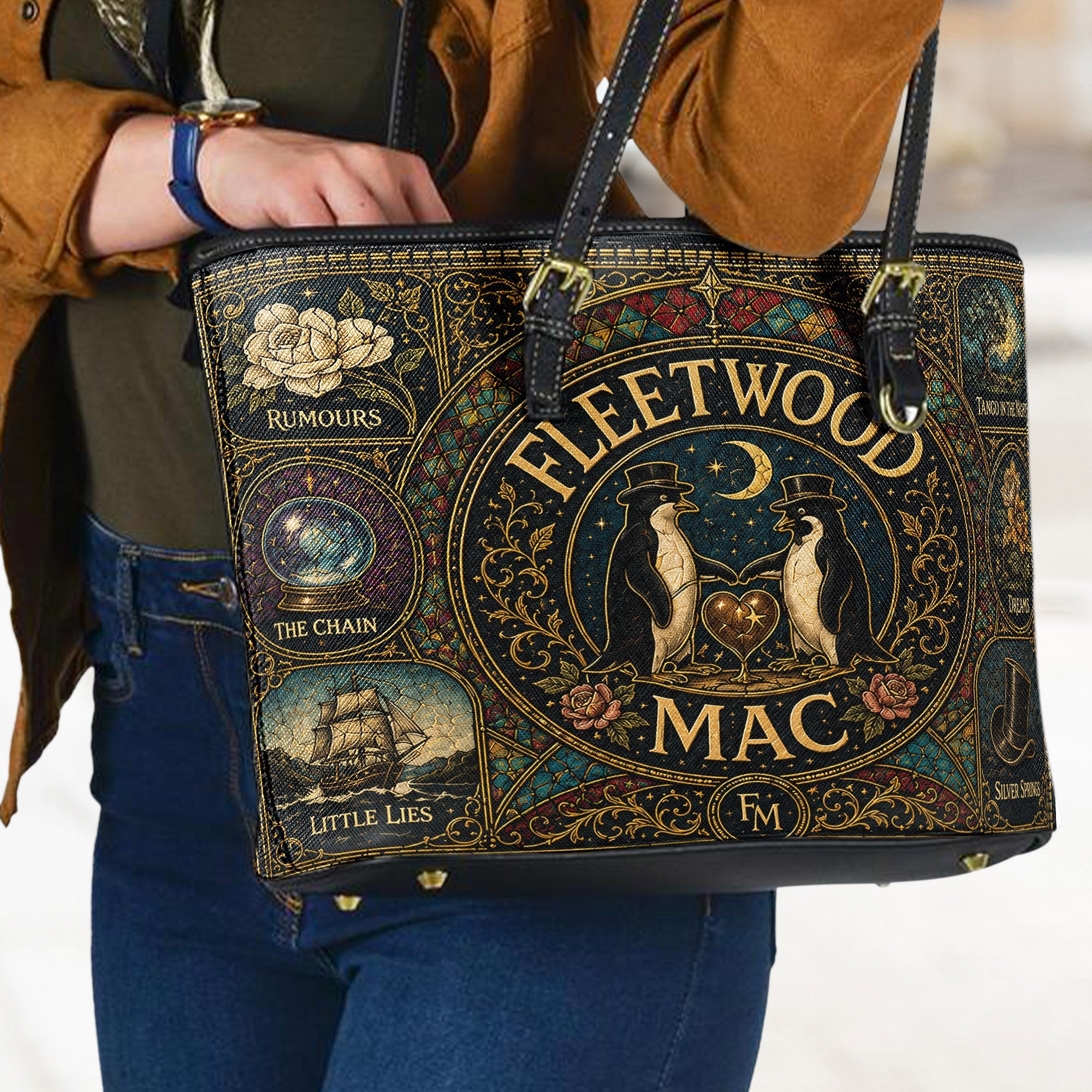 Fleetwood Mac Leather Handbag, Tote Bag and Wallet Set, Vintage Stained Glass Rumours Design, Classic Rock Music Fan Gift