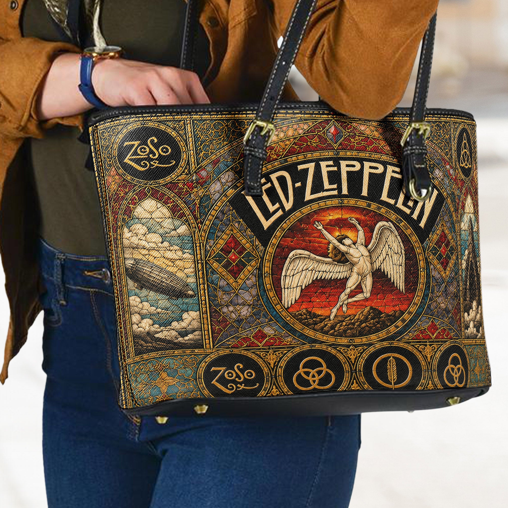 Led Zeppelin Leather Handbag, Tote Bag and Wallet Set, Vintage Stained Glass Swan Song Design, Classic Rock Music Fan Gift