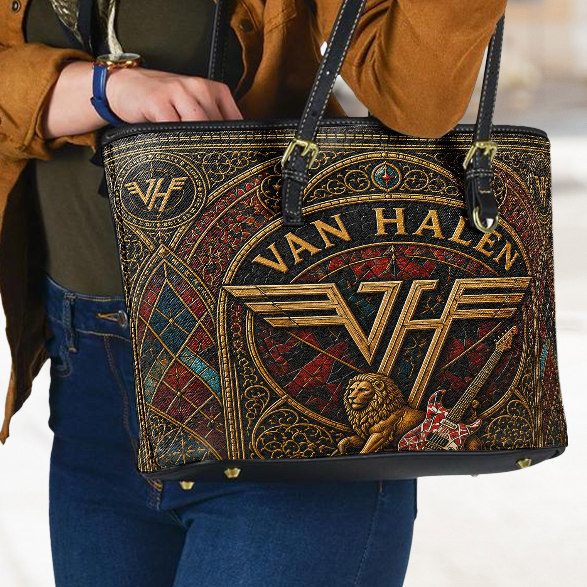 Van Halen Leather Handbag, Tote Bag and Wallet Set, Vintage Stained Glass Rock Band Design, Classic Rock Music Fan Gift