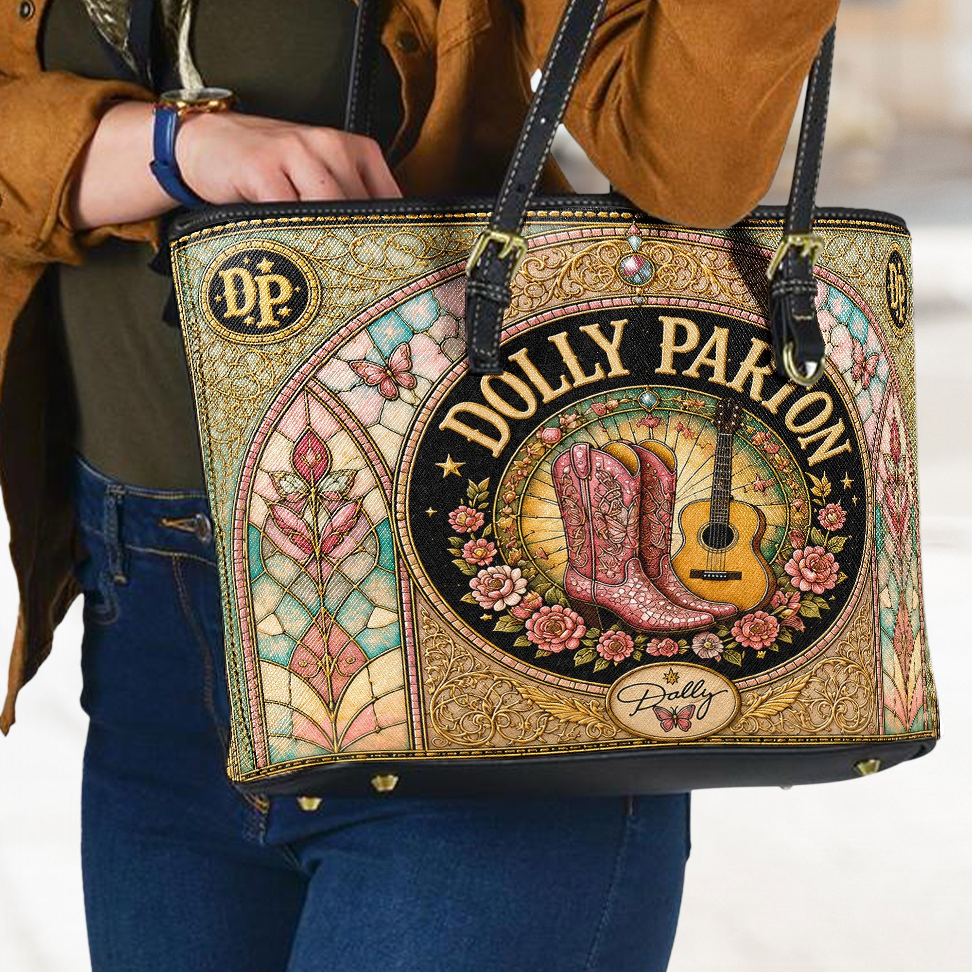 Dolly Parton Leather Handbag, Tote Bag and Wallet Set, Vintage Stained Glass Country Music Design, Cowgirl Boots Fan Gift