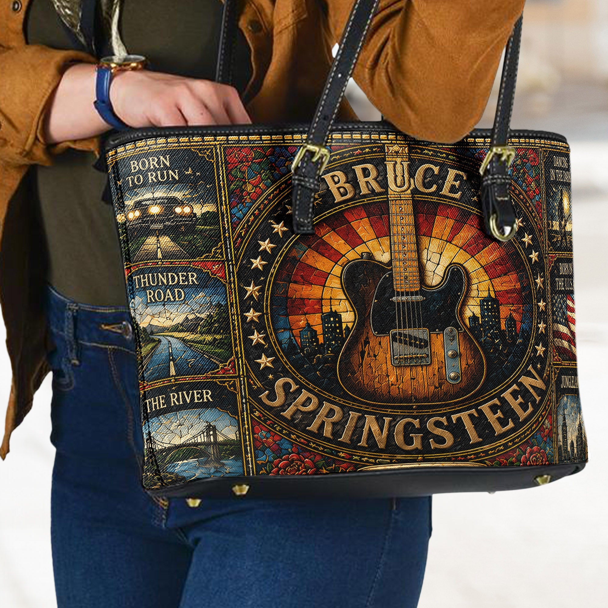 Bruce Springsteen Handbag, Tote Bag and Wallet Set, Vintage Stained Glass Guitar Design, The Boss Rock Music Fan Gift