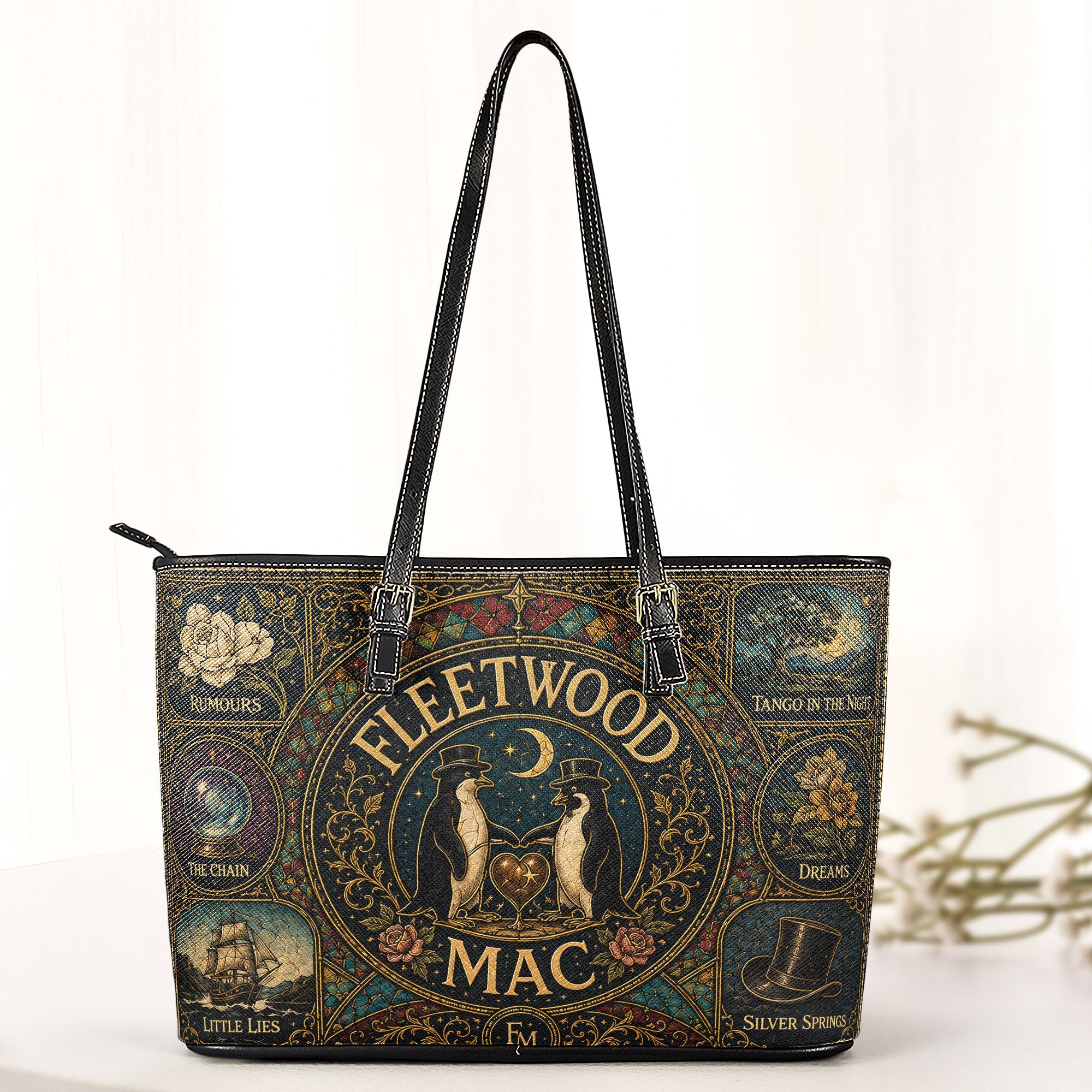 Fleetwood Mac Leather Handbag, Tote Bag and Wallet Set, Vintage Stained Glass Rumours Design, Classic Rock Music Fan Gift