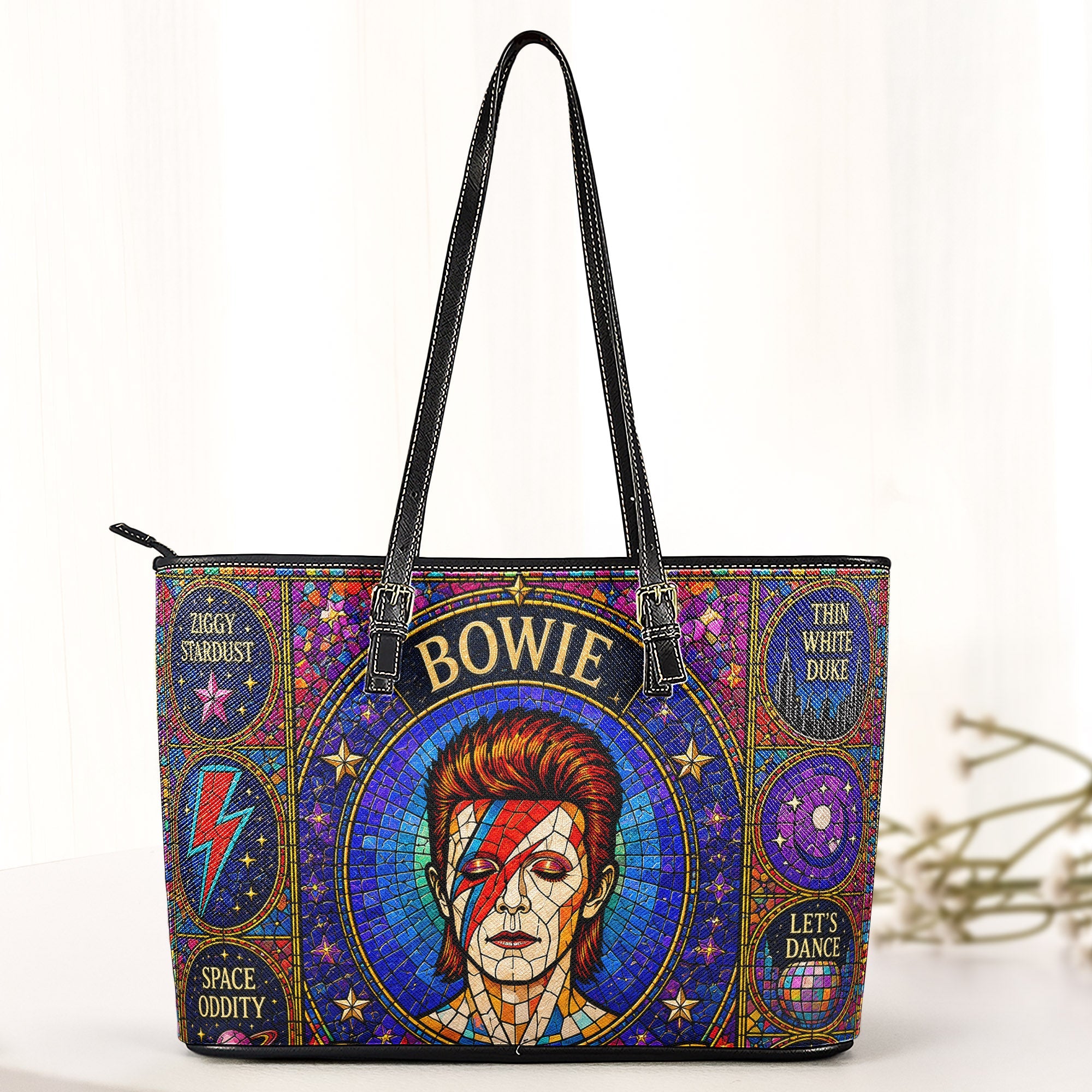 David Bowie Leather Handbag, Tote Bag and Wallet Set, Colorful Stained Glass Ziggy Stardust Design, Vintage Rock Music Fan Gift