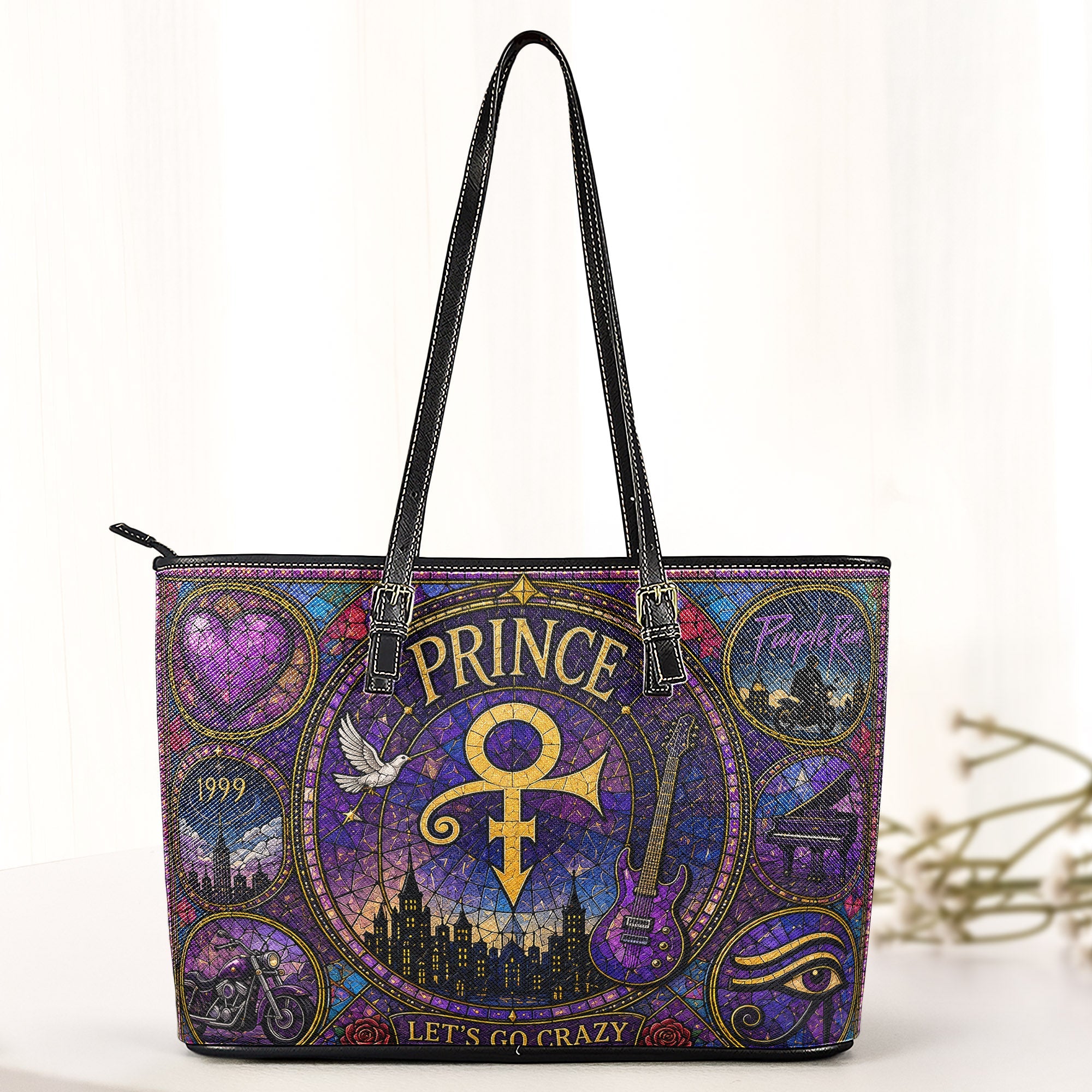 Prince Leather Handbag, Tote Bag and Wallet Set, Purple Stained Glass Symbol Design, Purple Rain Music Fan Gift