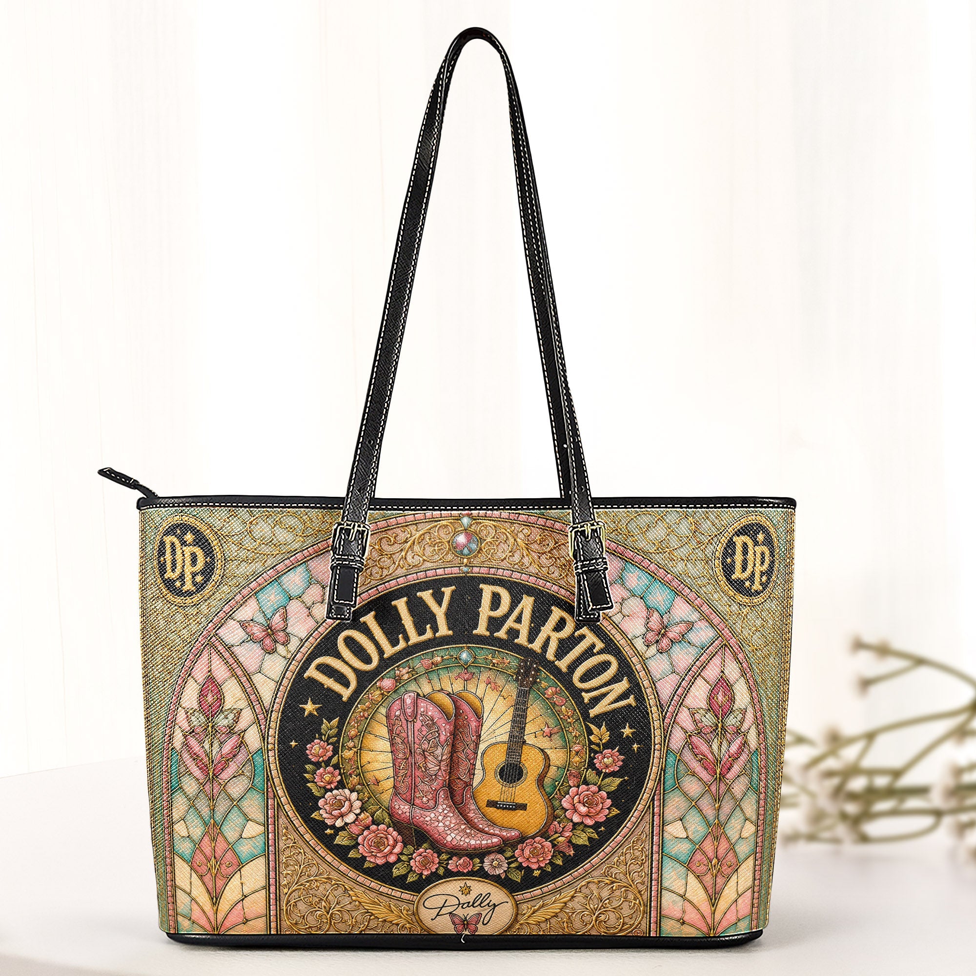 Dolly Parton Leather Handbag, Tote Bag and Wallet Set, Vintage Stained Glass Country Music Design, Cowgirl Boots Fan Gift