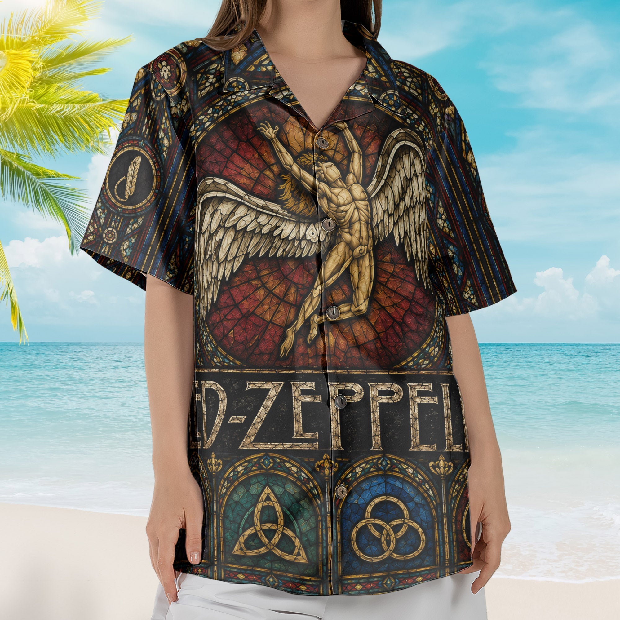 Led Zeppelin Swan Song Angel Hawaiian Shirt - Unisex Colorful Stained Glass Button Up