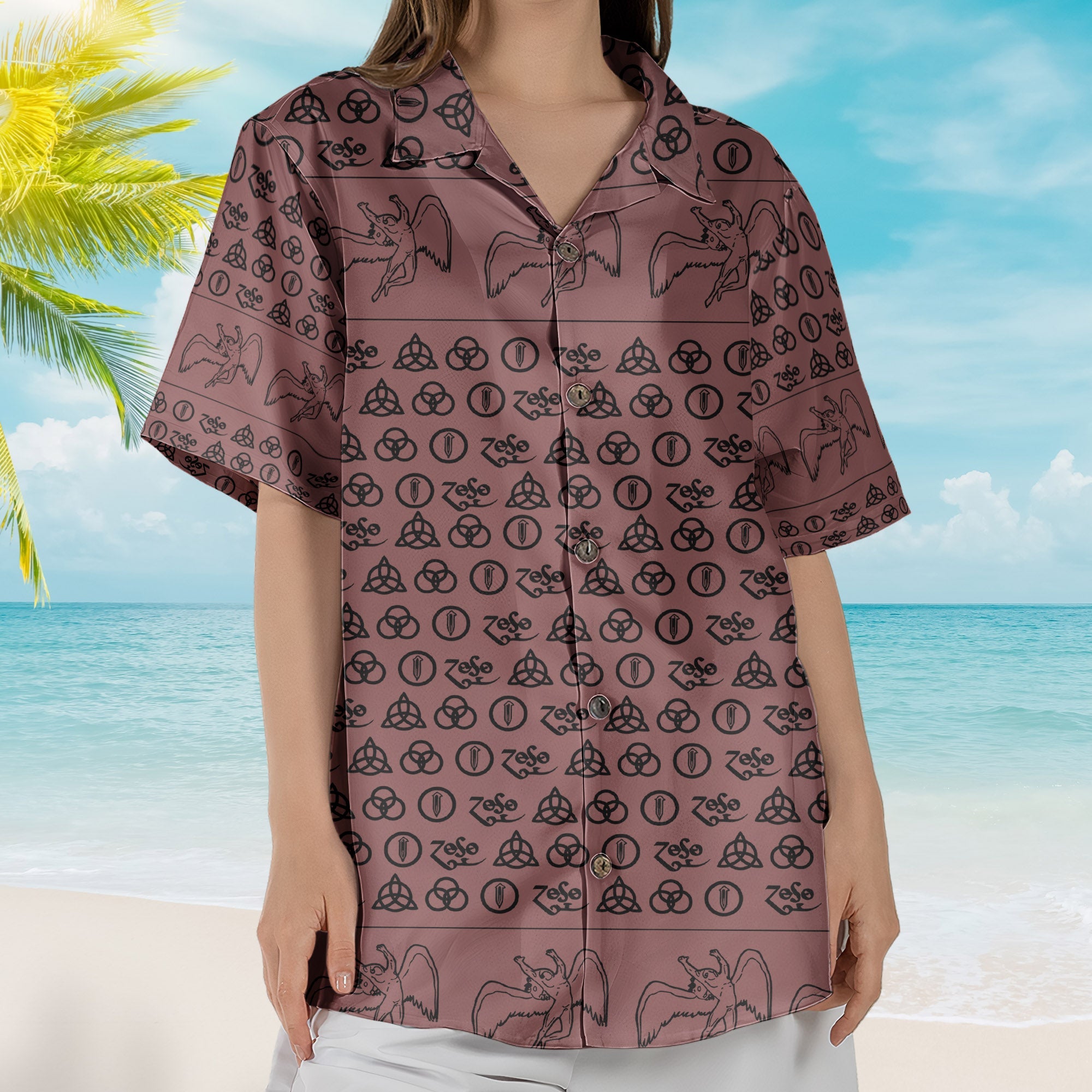 Led Zeppelin ZoSo Monogram Hawaiian Shirt – Unisex Swan Song Angel Graphic Collage Button Up